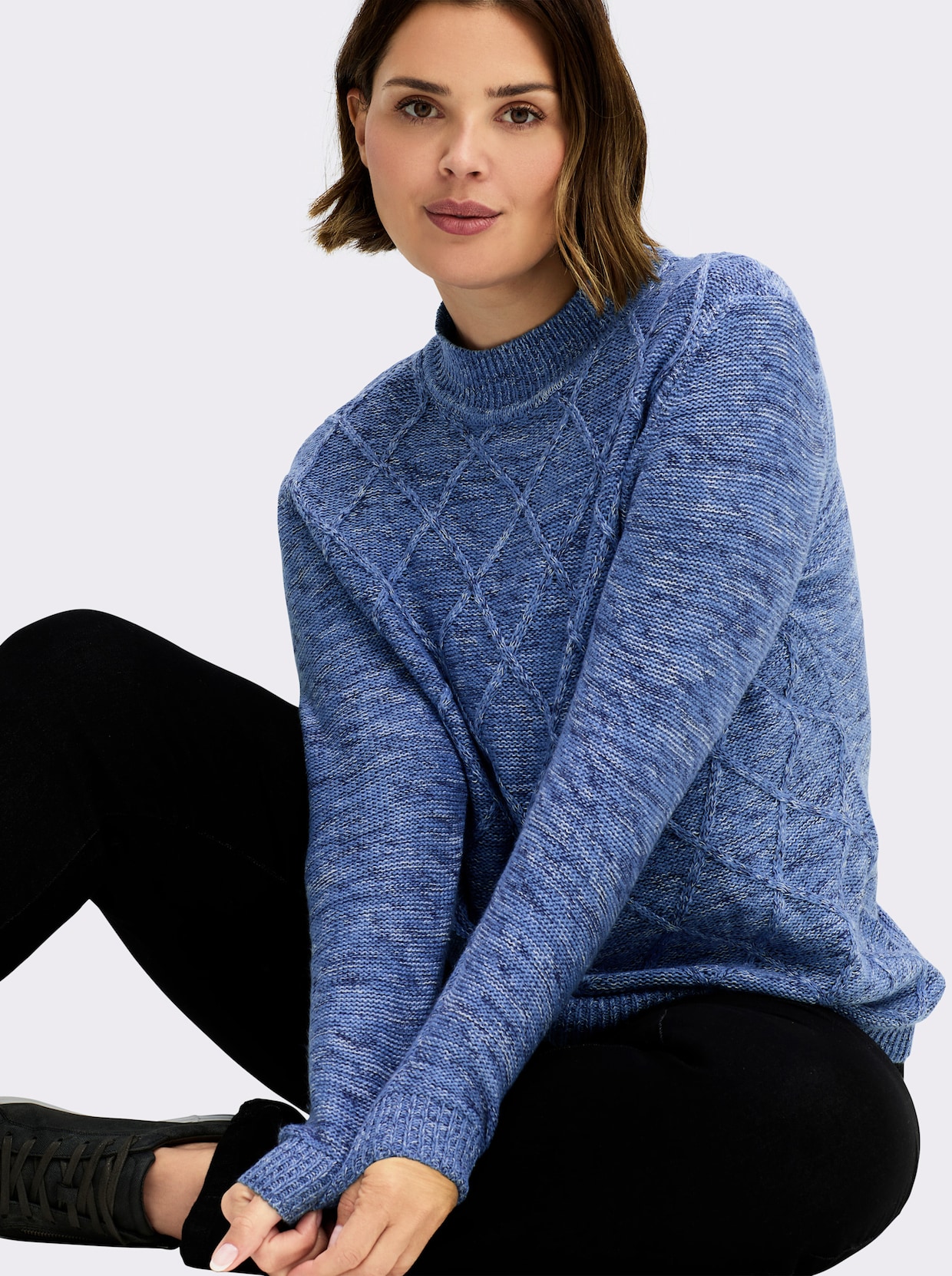 Stehkragenpullover im Rauten-Dessin - blau-meliert