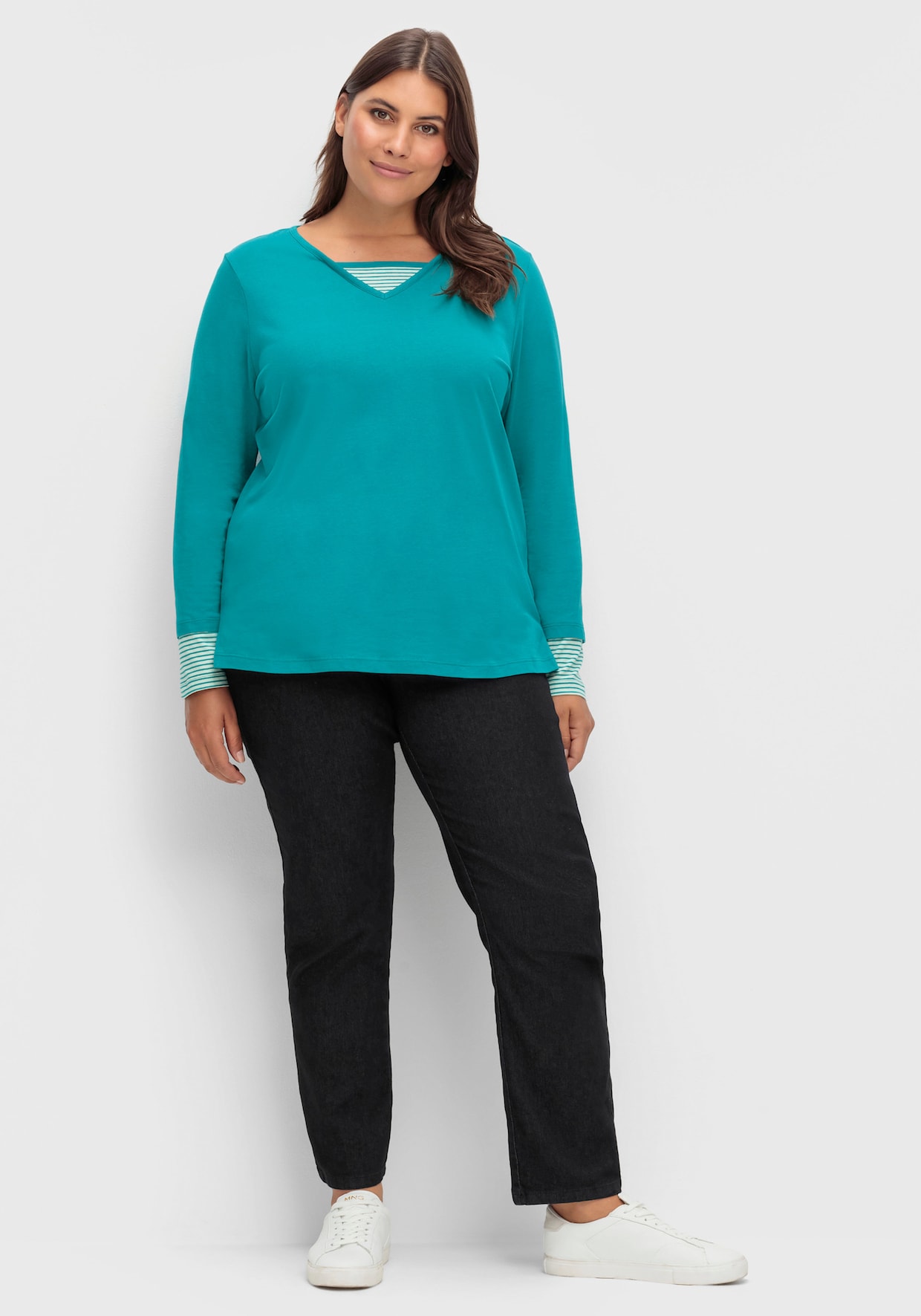 Langarmshirt mit garngefärbten Streifen - petrol