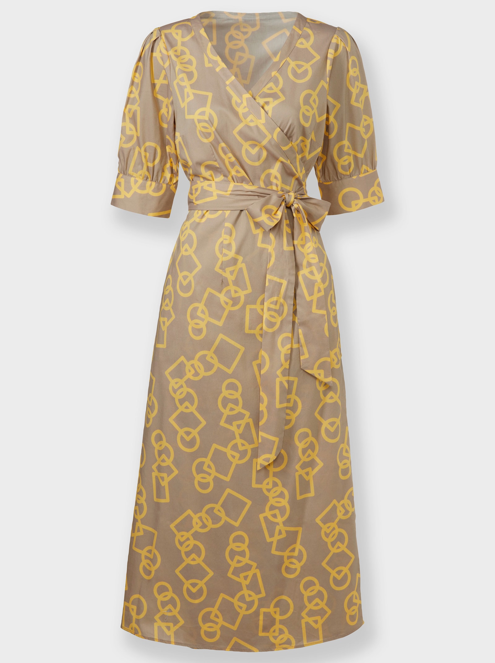 heine Wikkeljurk met pofmouwen - sesam/geel bedrukt