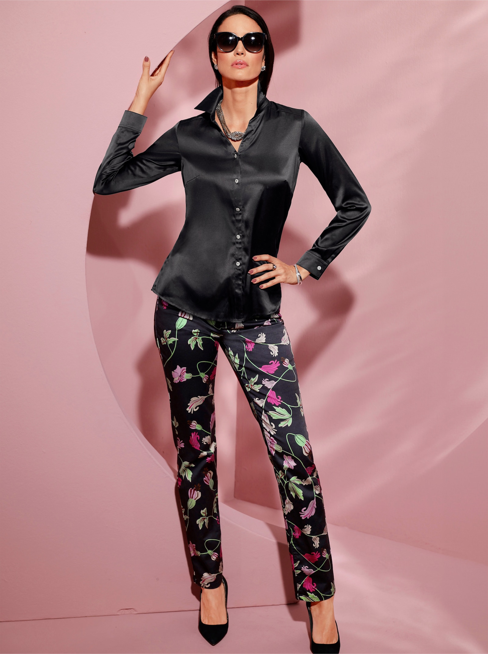 5-Pocket-Hose in weicher Twill-Qualität, bedruckt - schwarz-mauve-bedruckt