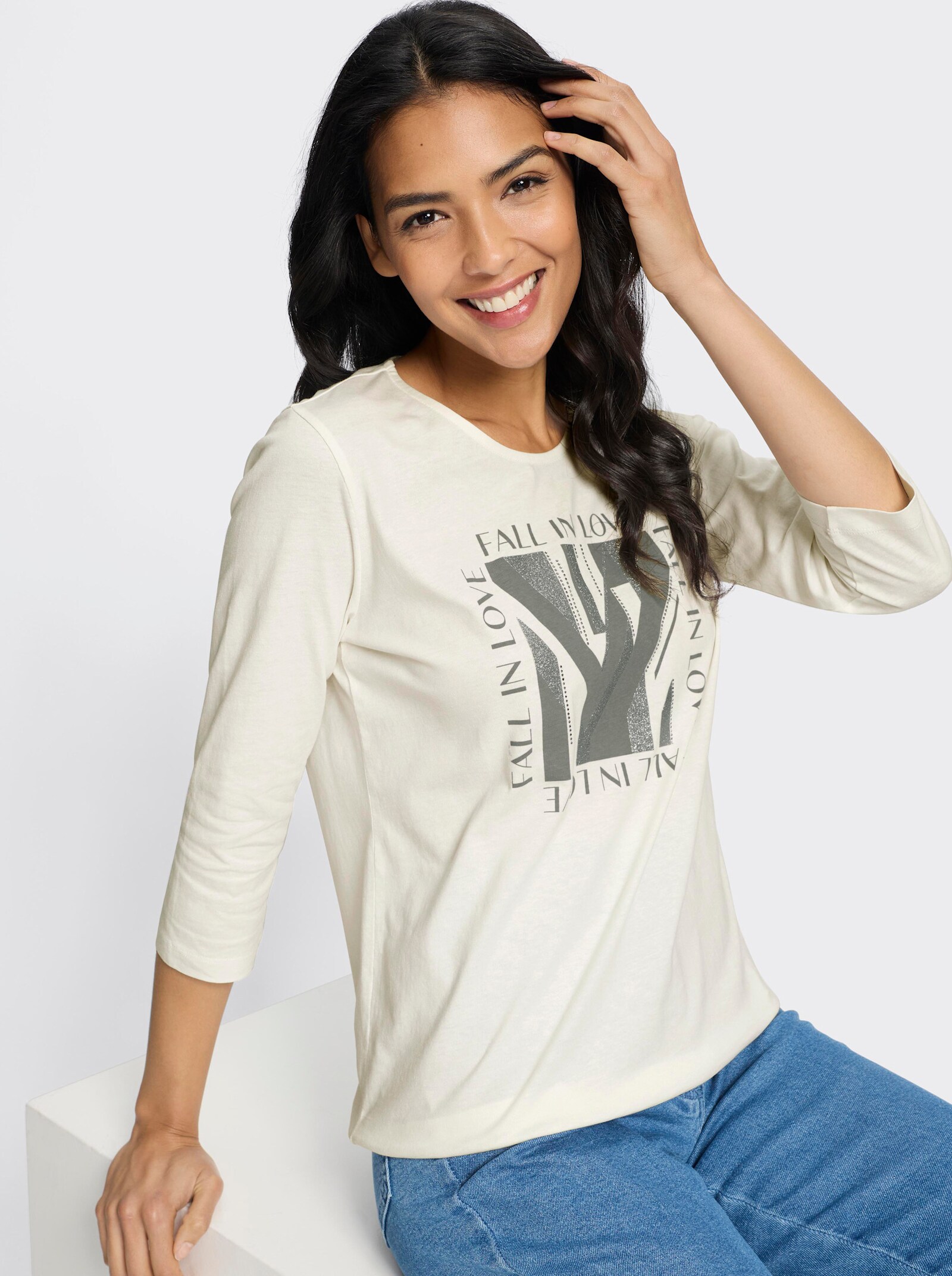3/4-Arm-Shirt mit Glitzerdruck - ecru-grau