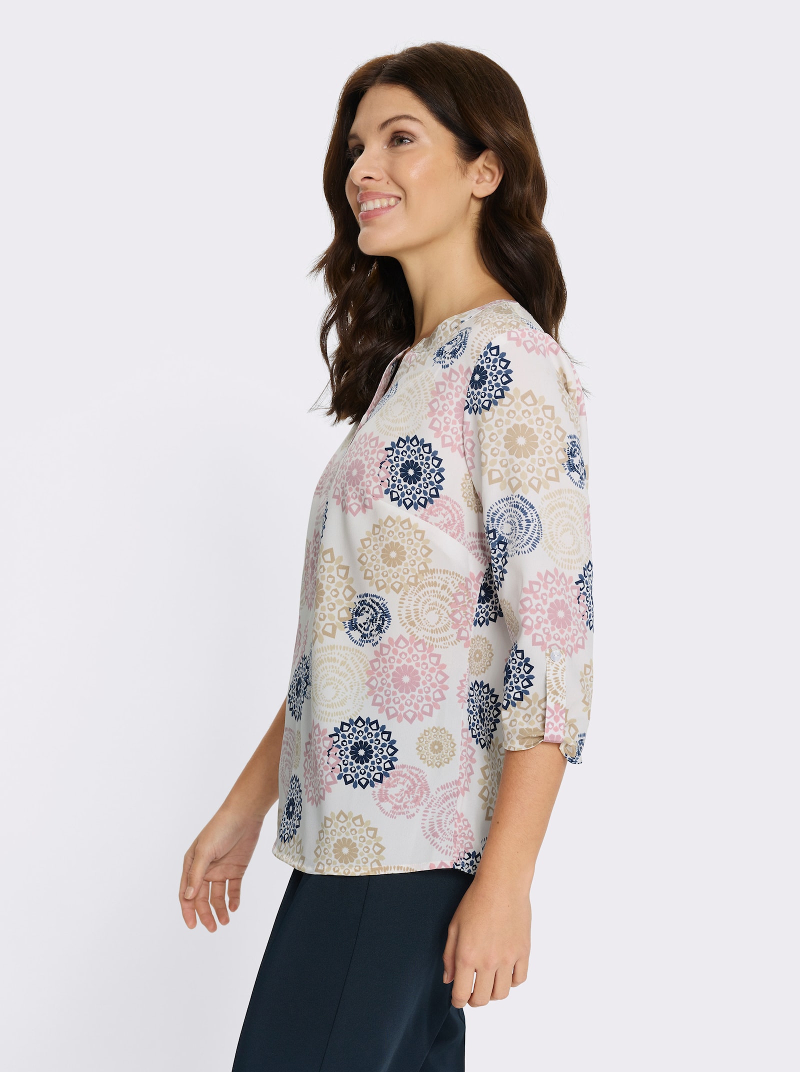 Schlupfbluse mit leicht abgerundetem Saum - ecru-mauve-bedruckt