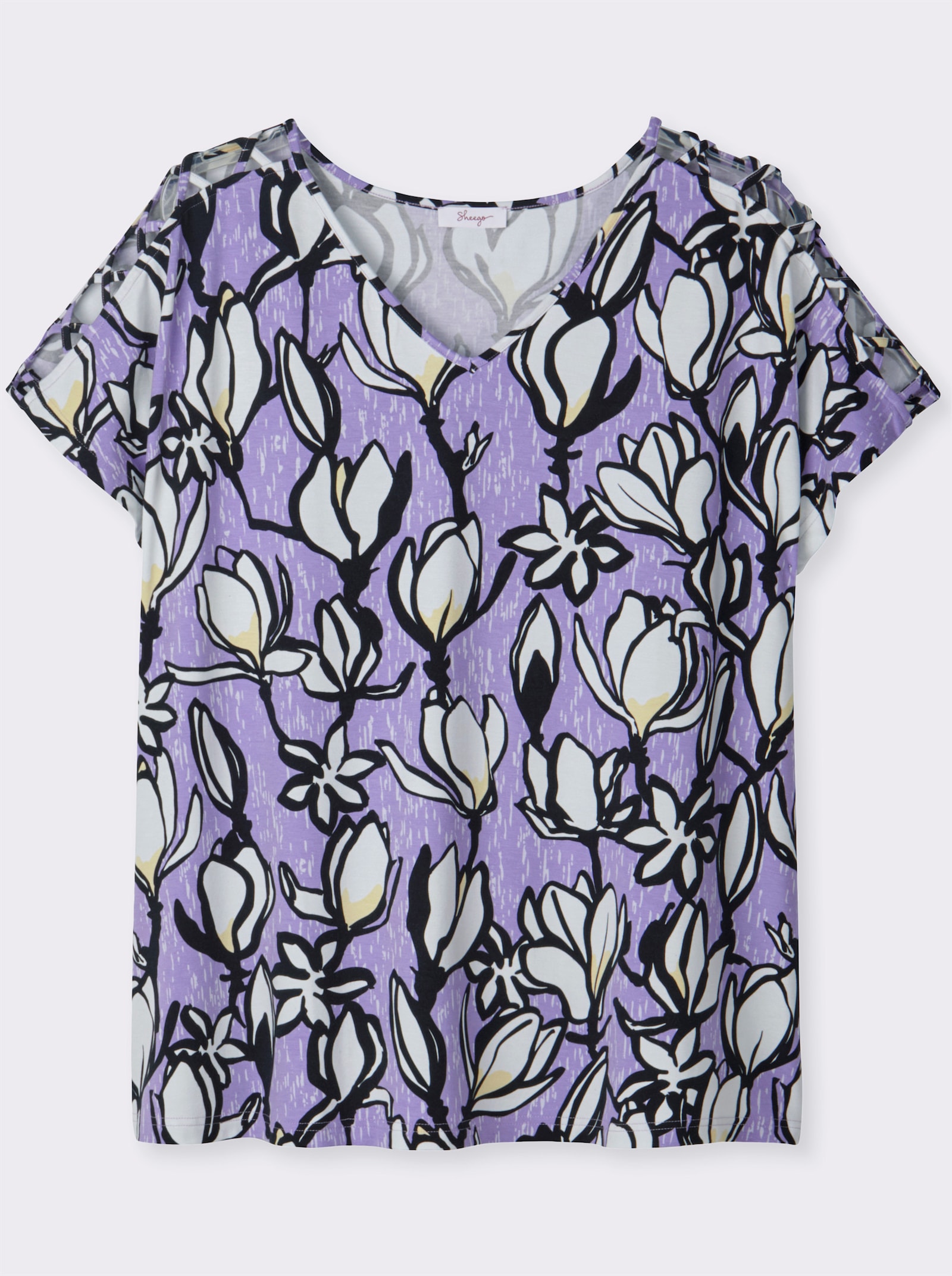 sheego V-Shirt mit raffiniert geschlitzten Ärmeln - flieder-ecru-bedruckt