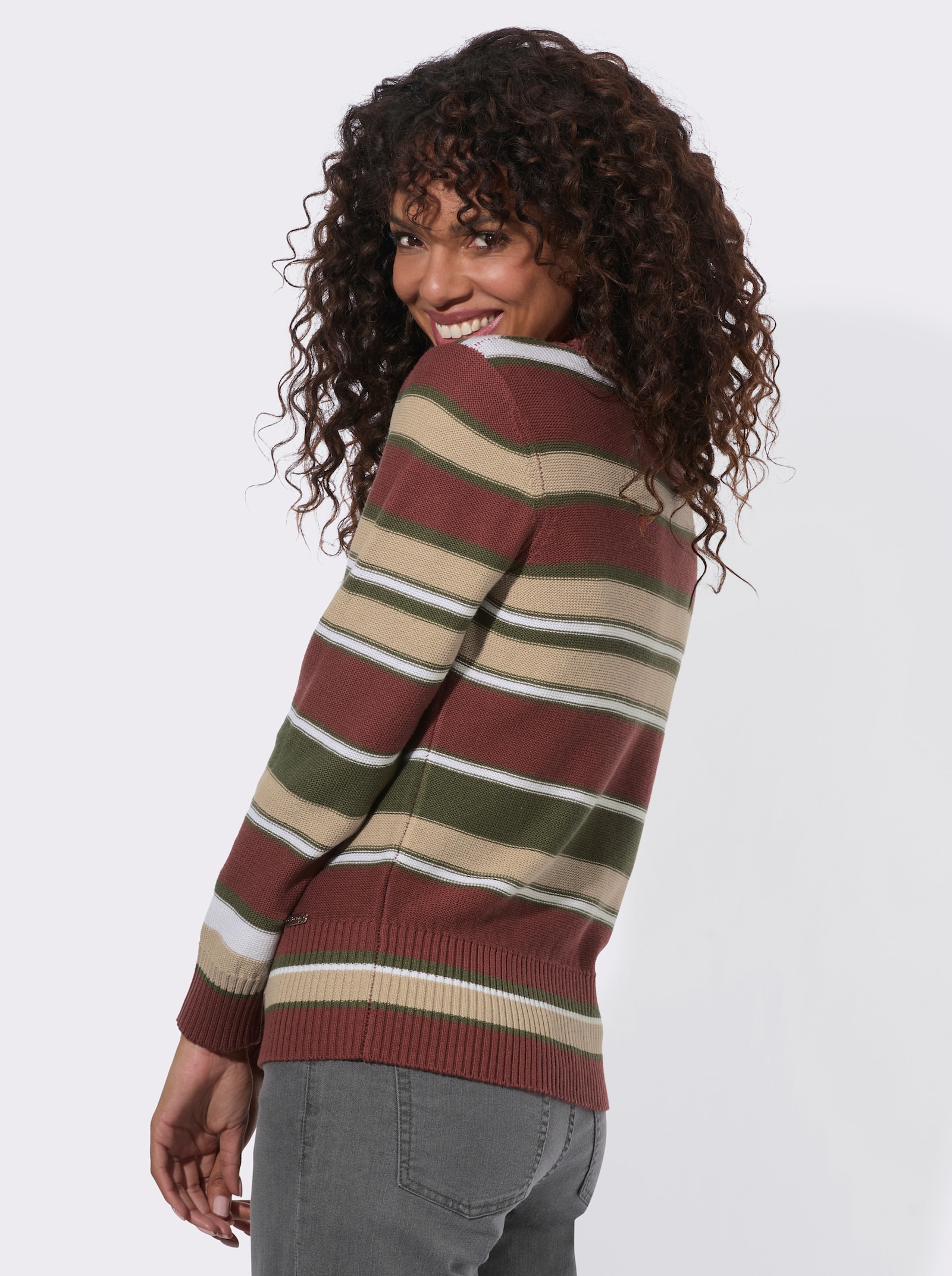 Stehkragenpullover mit Rippbündchen - rotbraun-oliv-geringelt