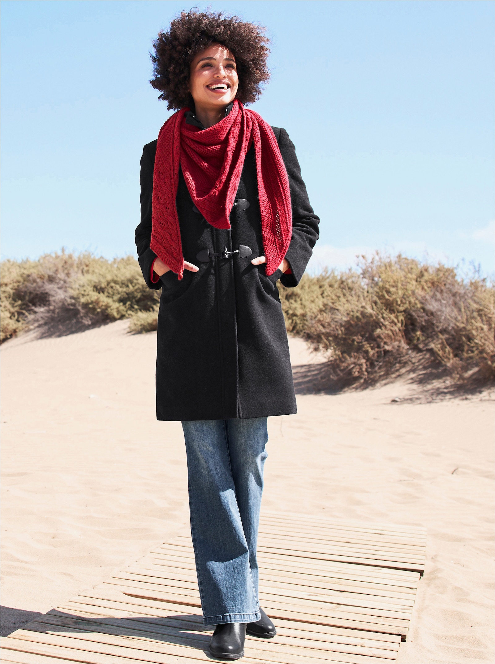 heine Dufflecoat mit Lederimitat-Details - schwarz