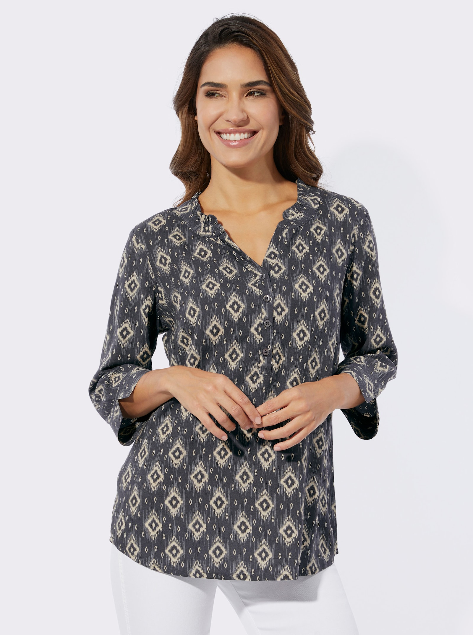 Schlupfbluse im Ethnomuster - anthrazit-sand-bedruckt