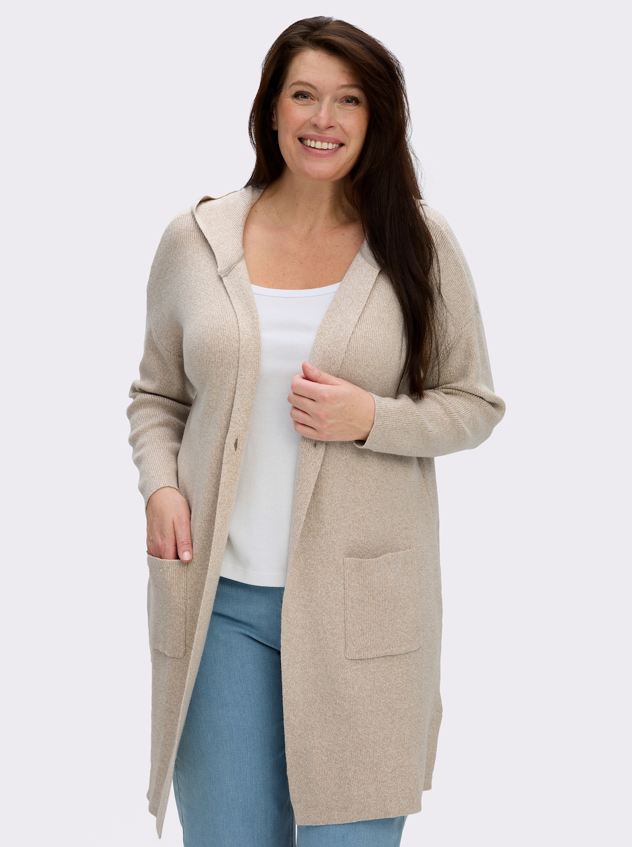 Longstrickjacke mit Kapuze - beige-meliert