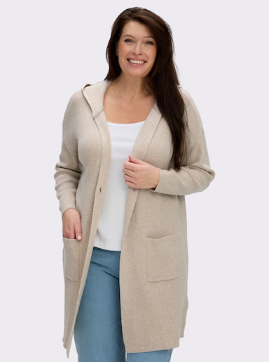 Longstrickjacke mit Kapuze - beige-meliert