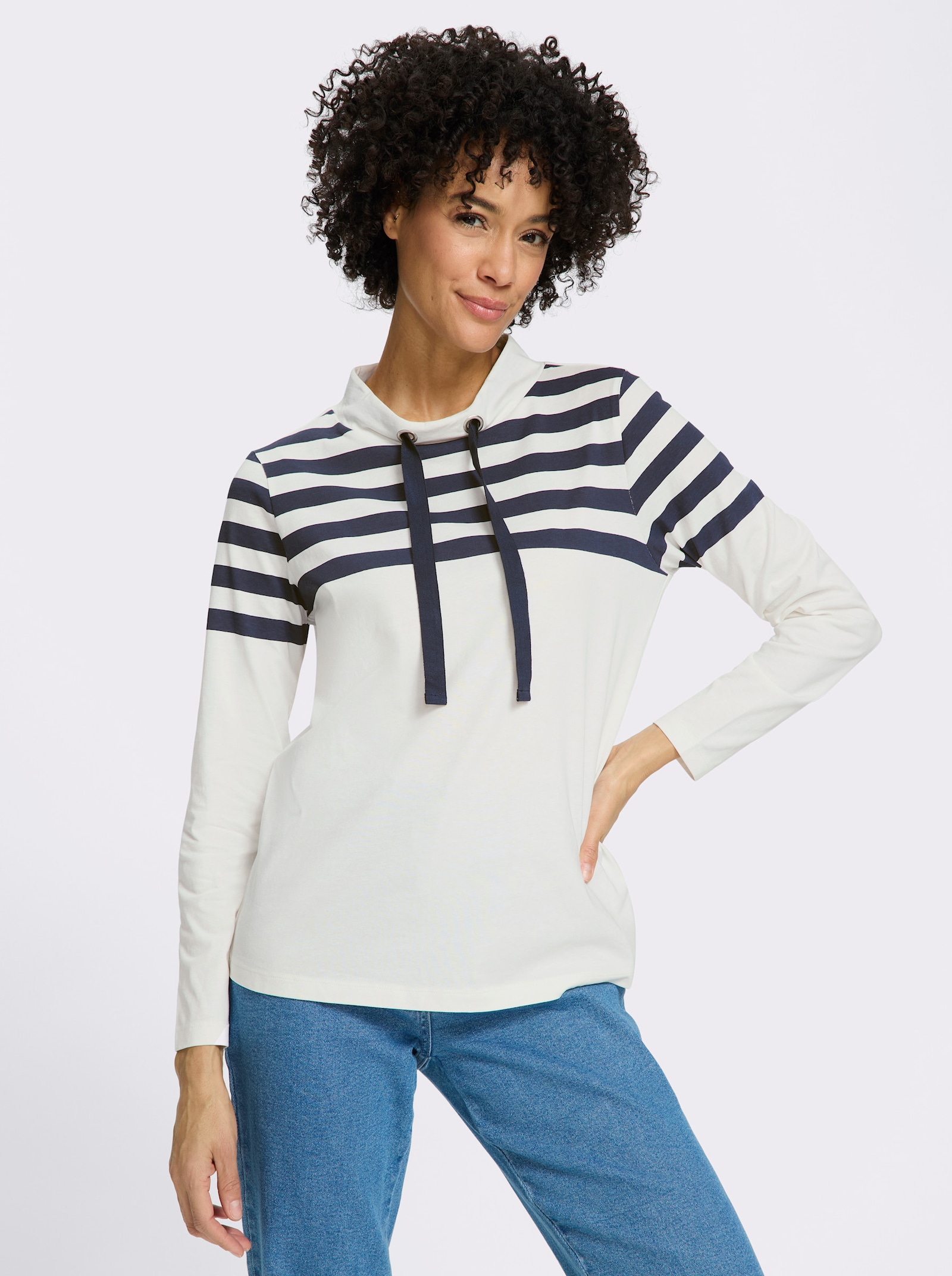 Stehkragenshirt mit Streifenmuster - ecru-marine-bedruckt