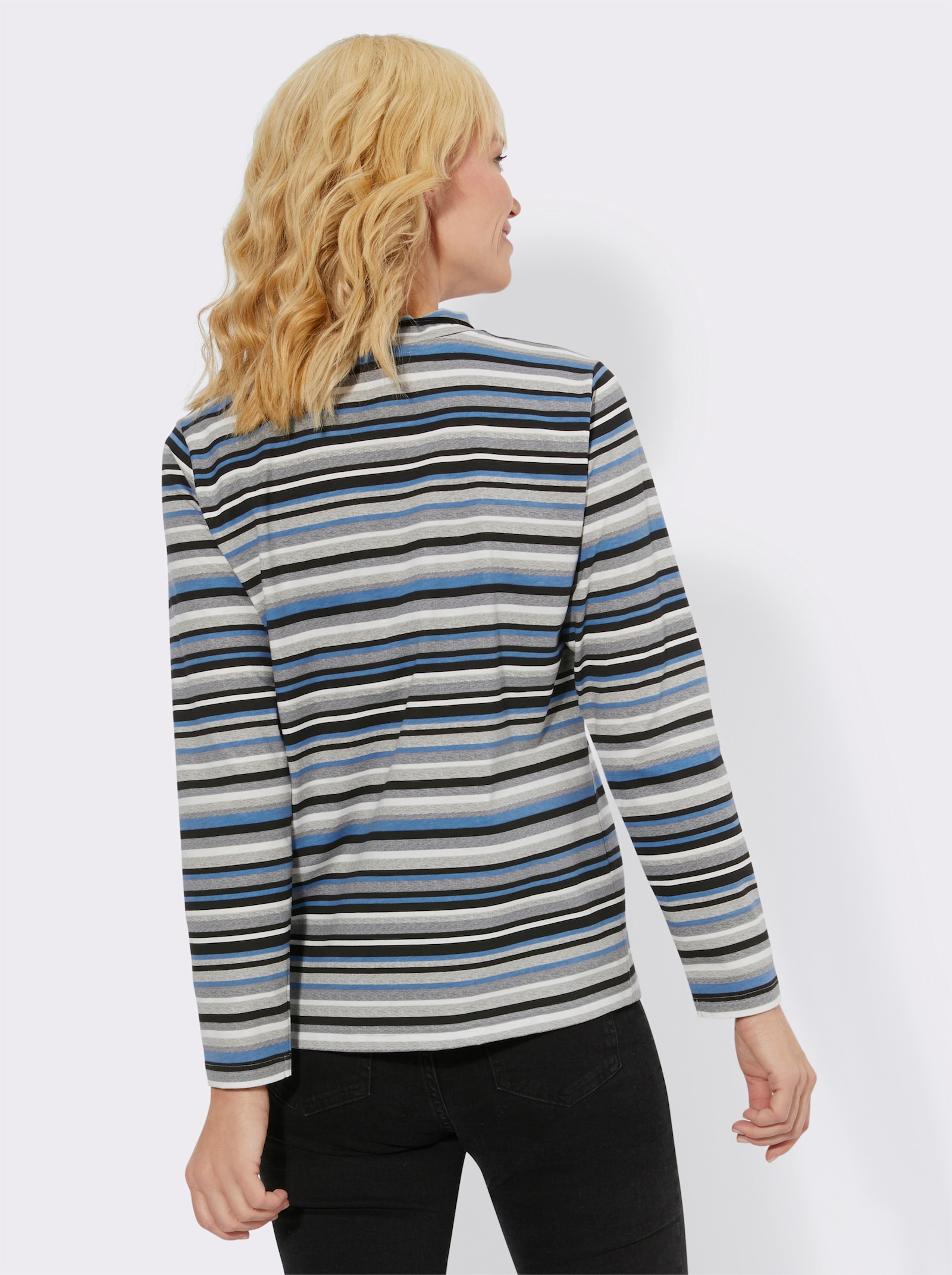 Langarmshirt mit Stehkragen - mittelblau-hellgrau-geringelt