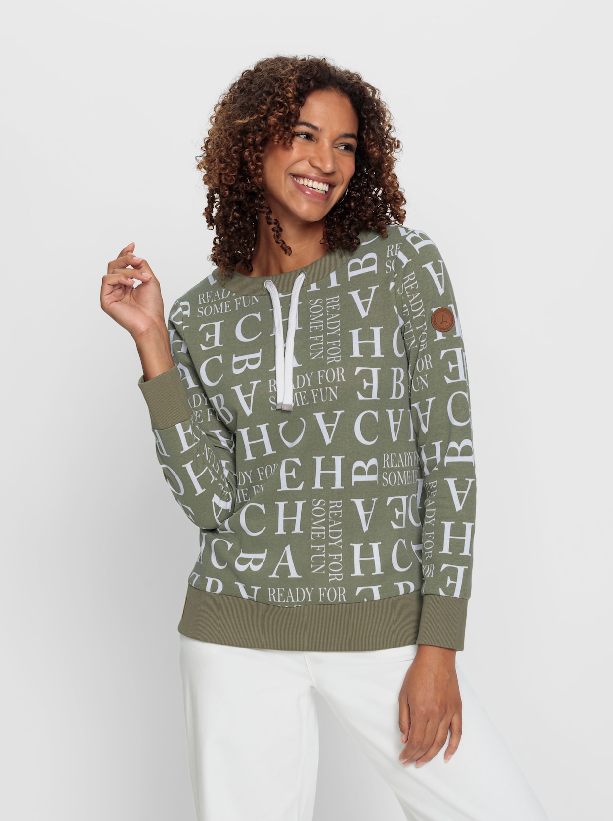 Sweatshirt - kaki/ecru bedrukt