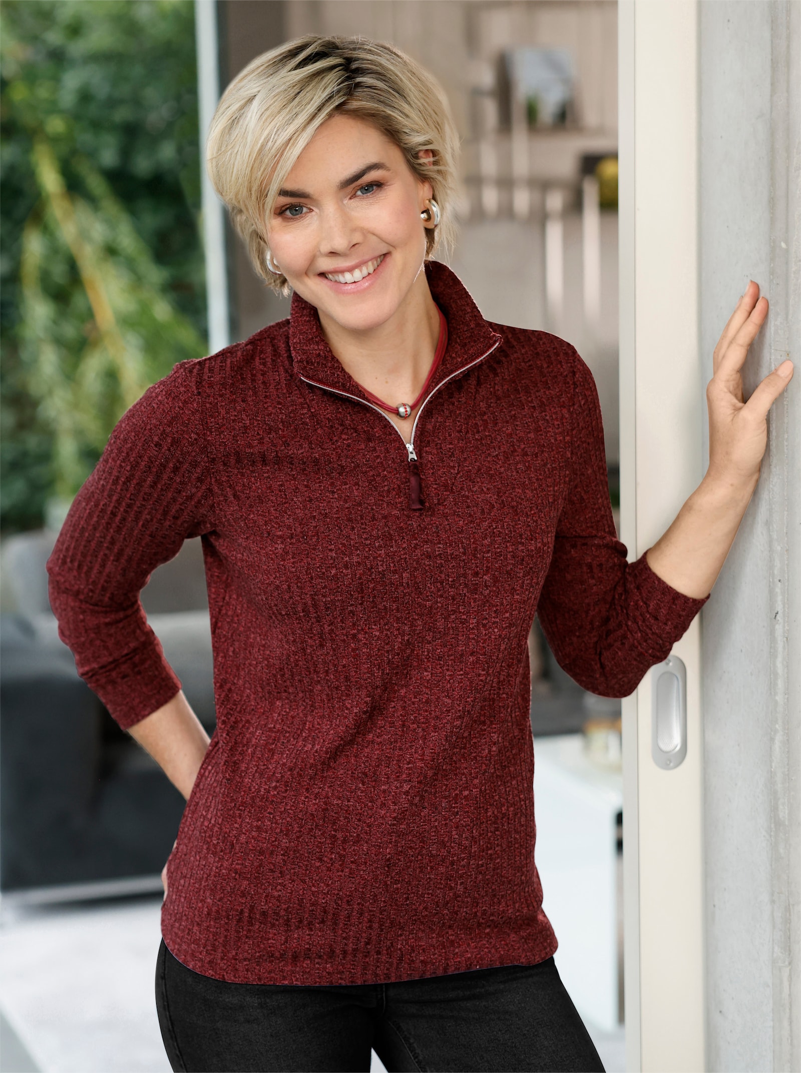 Rippshirt mit Troyerkragen - dunkelrot-meliert