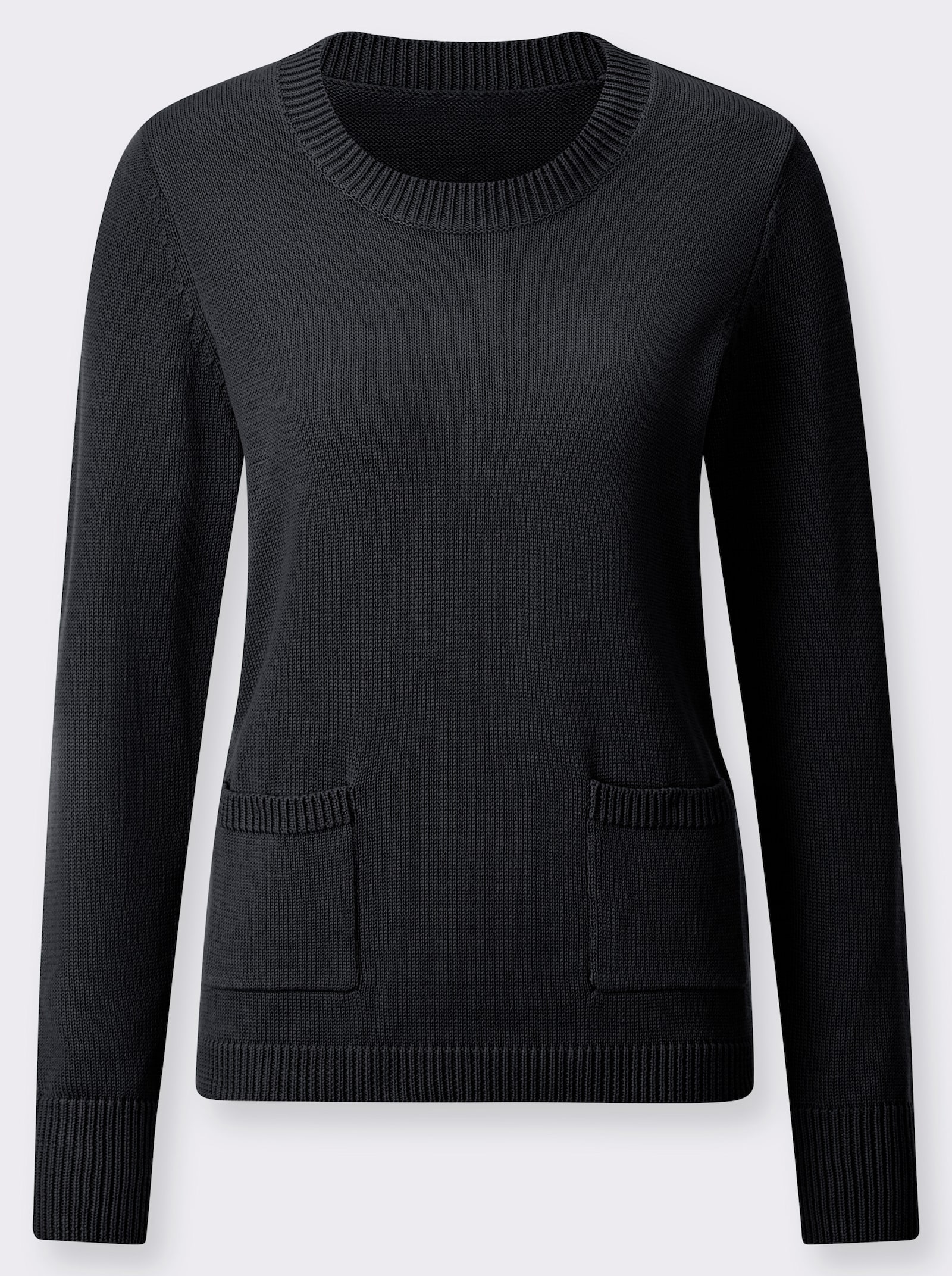 Rundhalspullover mit aufgesetzten Taschen - schwarz