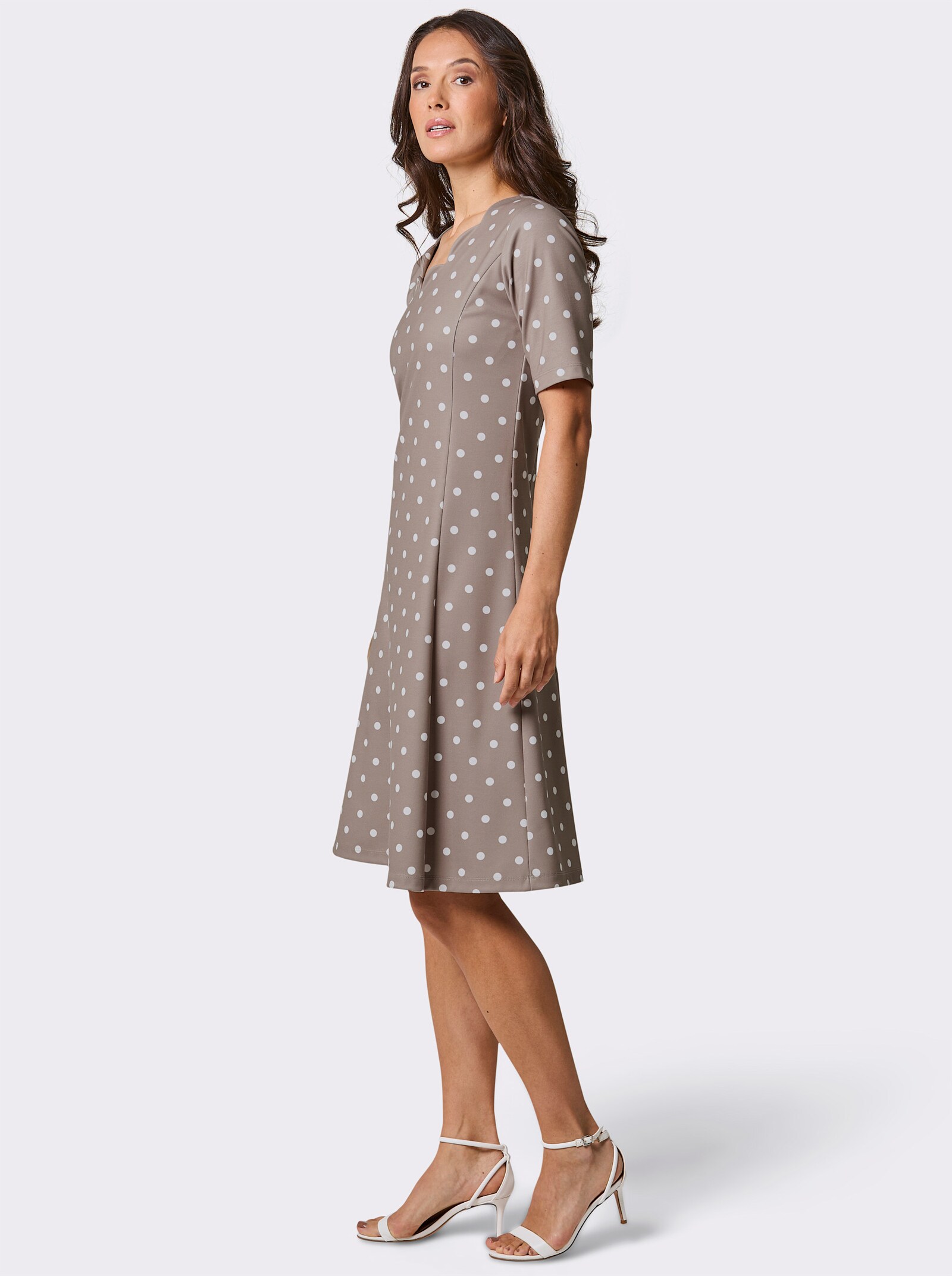 CREATION L PREMIUM Jerseykleid mit Wellen-Ausschnitt - taupe-ecru-getupft