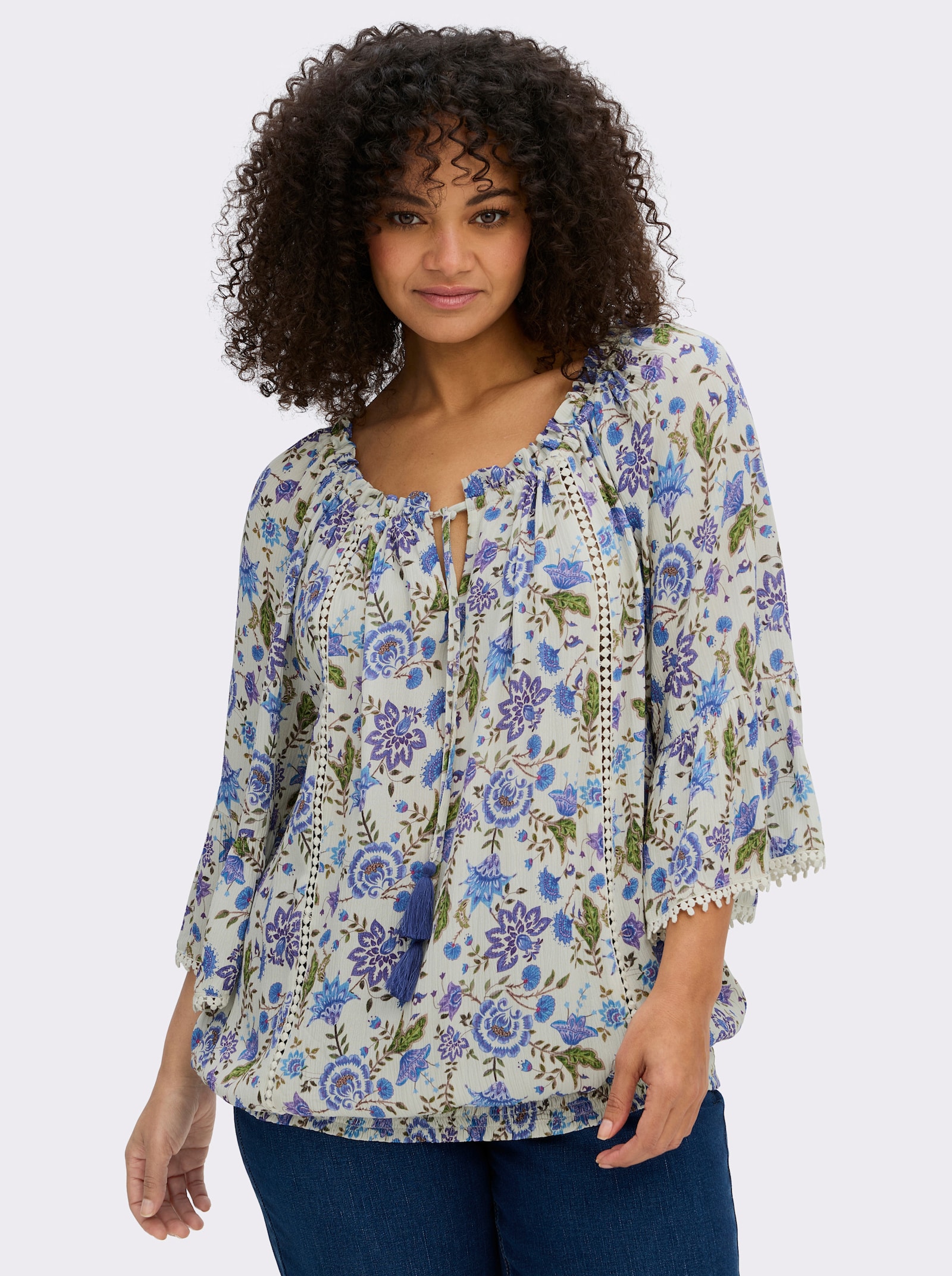 sheego by Joe Browns Tunique au look bohème - couleur ivoire-bleu roi à motifs