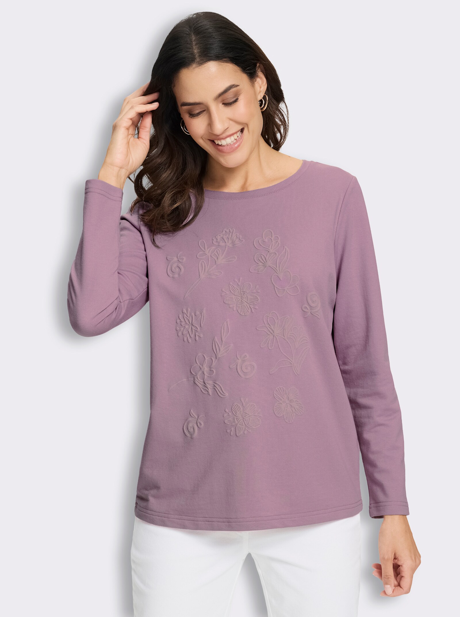 Sweatshirt mit gummiertem Blüten-Druck - mauve