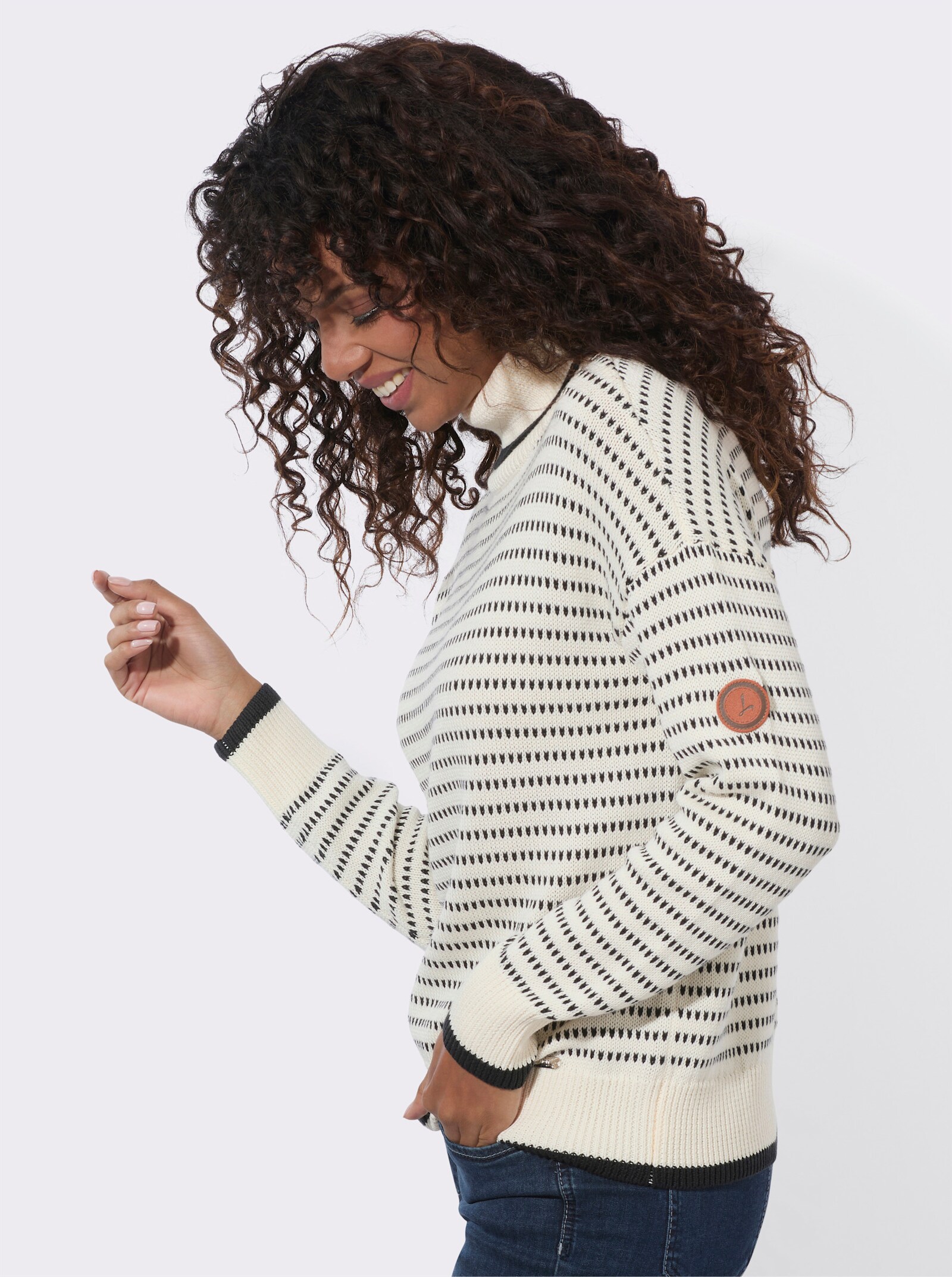 Rollkragenpullover mit Ringeln - champagner-schwarz-gemustert