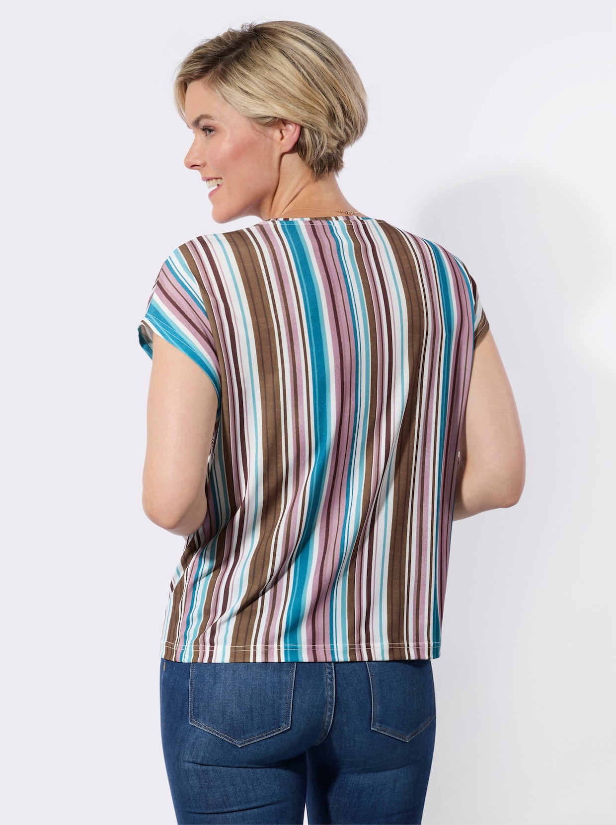 Rundhalsshirt - altrosa-ozean-gestreift