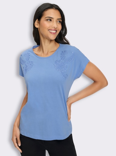 Kurzarmshirt mit Blumen-Stickerei - himmelblau