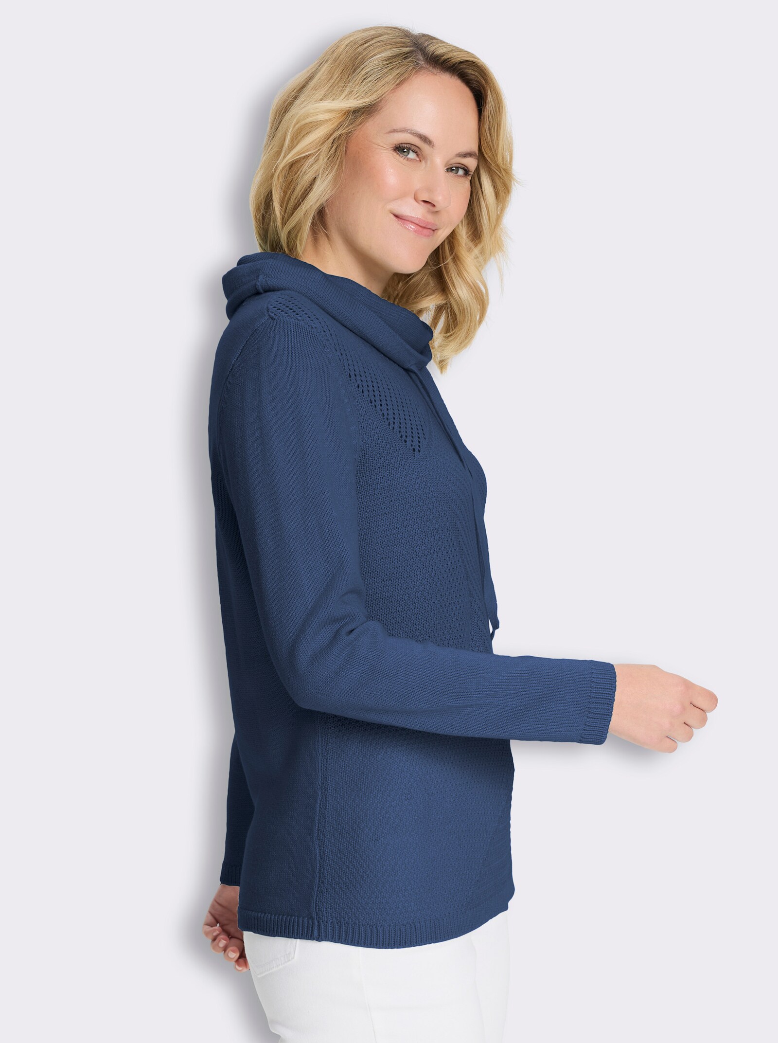 Stehkragenpullover mit Strickmuster im Vorderteil - jeansblau