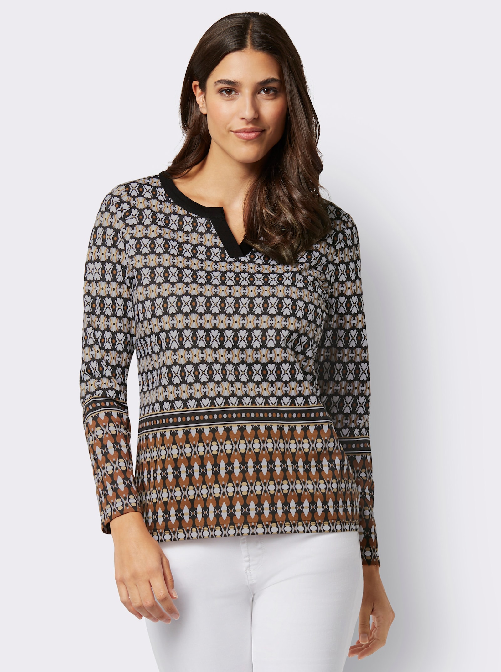 Tričko s dlouhým rukávem s grafickým vzorem - černá-koňaková-potisk