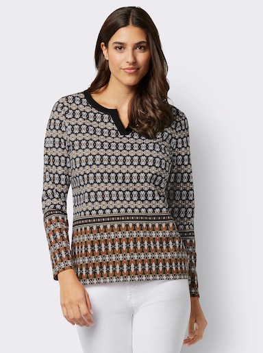 Langarmshirt im grafischem Dessin - schwarz-cognac-bedruckt