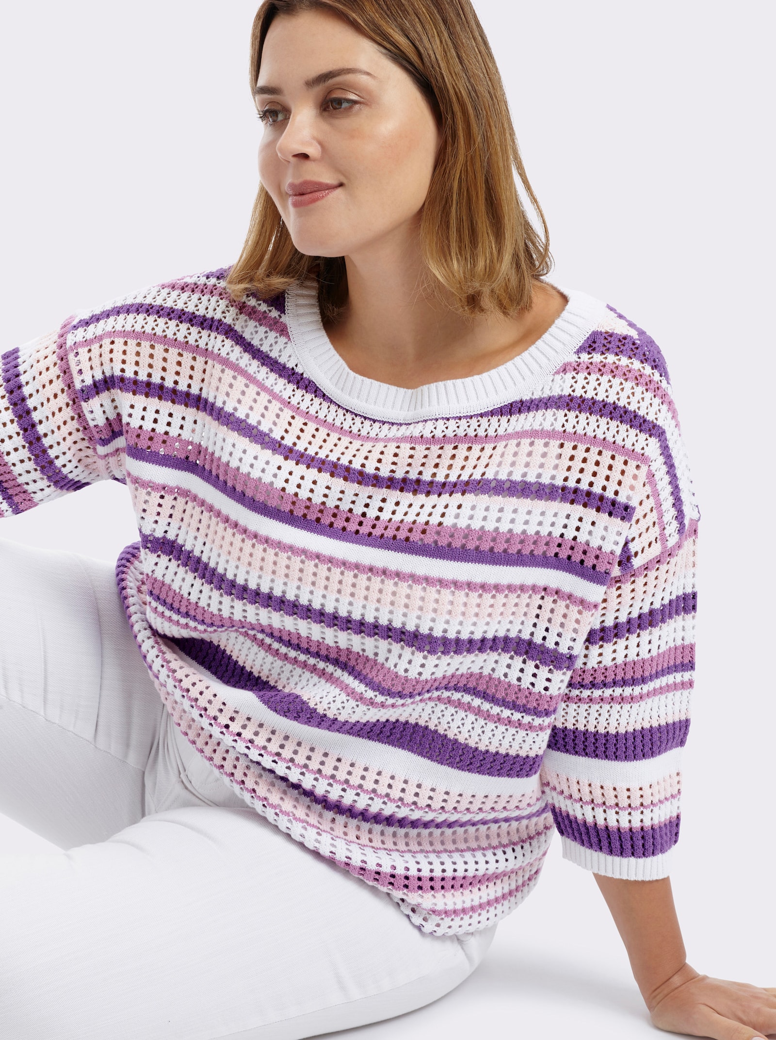 sheego 3/4 Arm-Pullover im Ajour-Strick - orchidee-weiss-geringelt