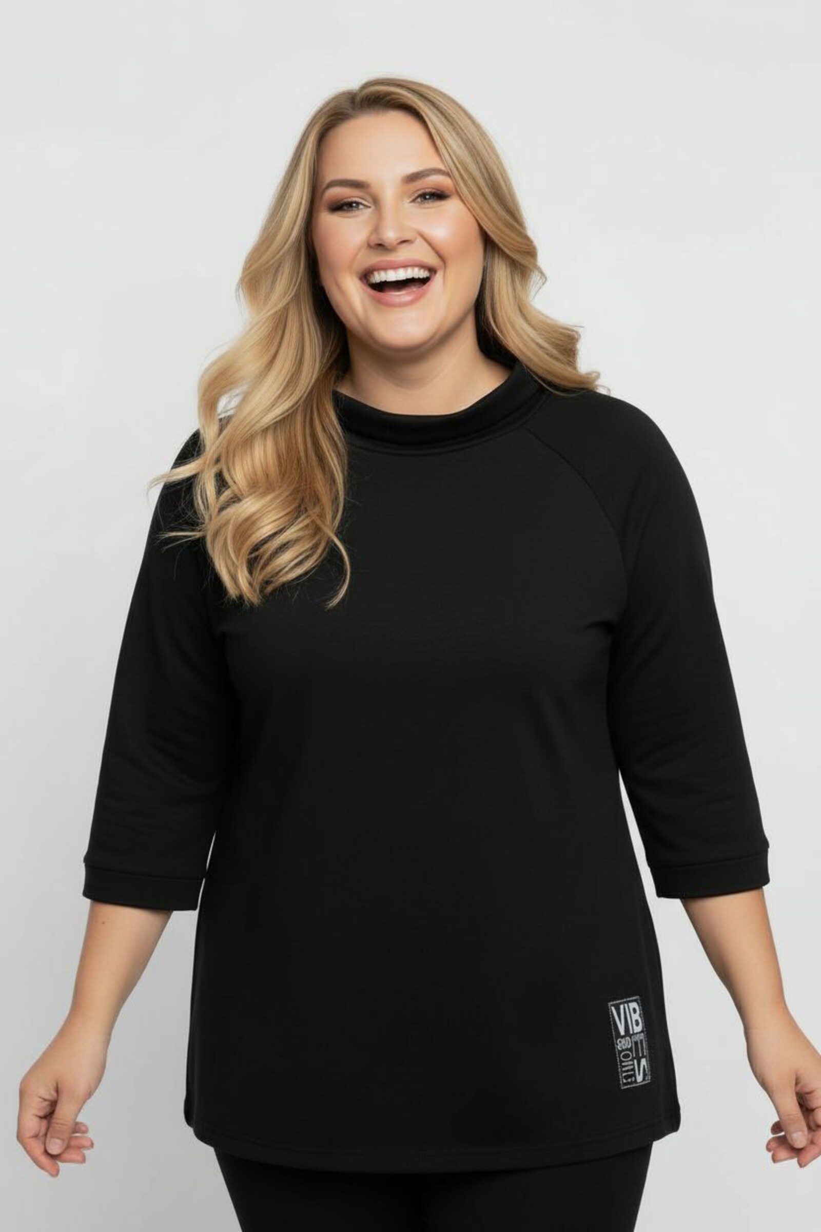 3/4-Arm-Shirt mit halsfernem Rollkragen - schwarz