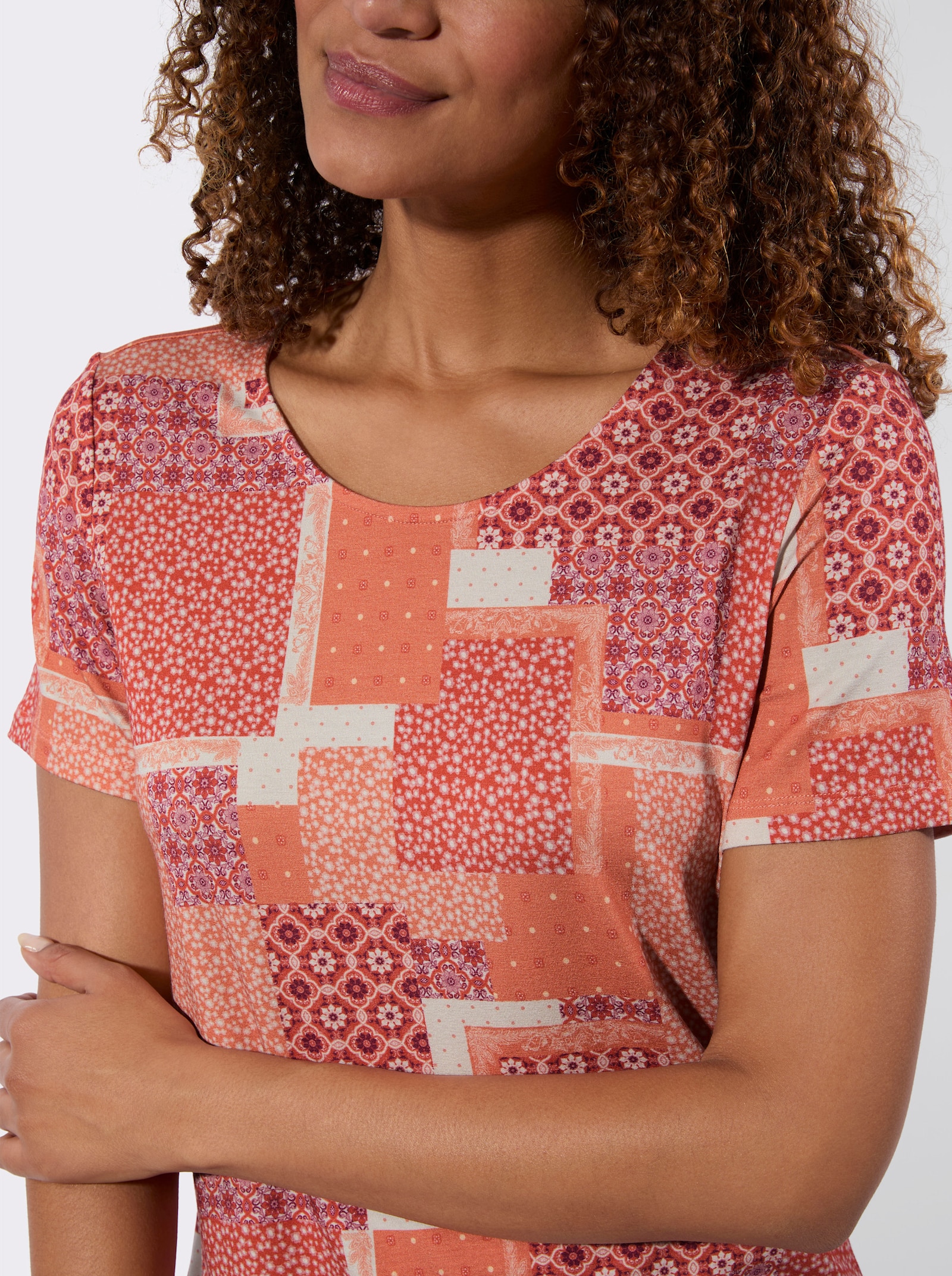 Print-Shirt mit Patchwork-Dessin - champagner-papaya-bedruckt