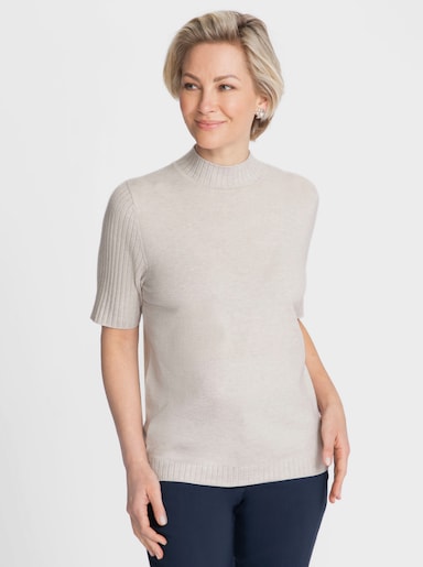 Kurzarmpullover mit geripptem Kragen - hellgrau-meliert