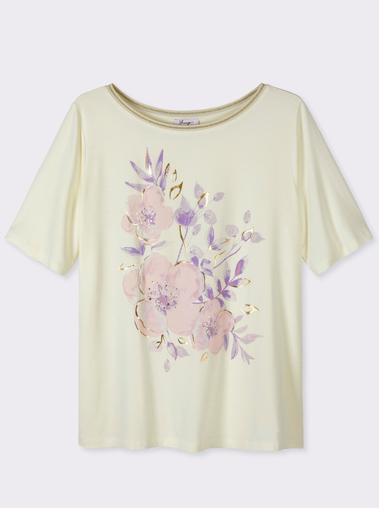 sheego Shirt met opvallende bloemenprint en lurexpaspel - champagne/orchidee bedrukt