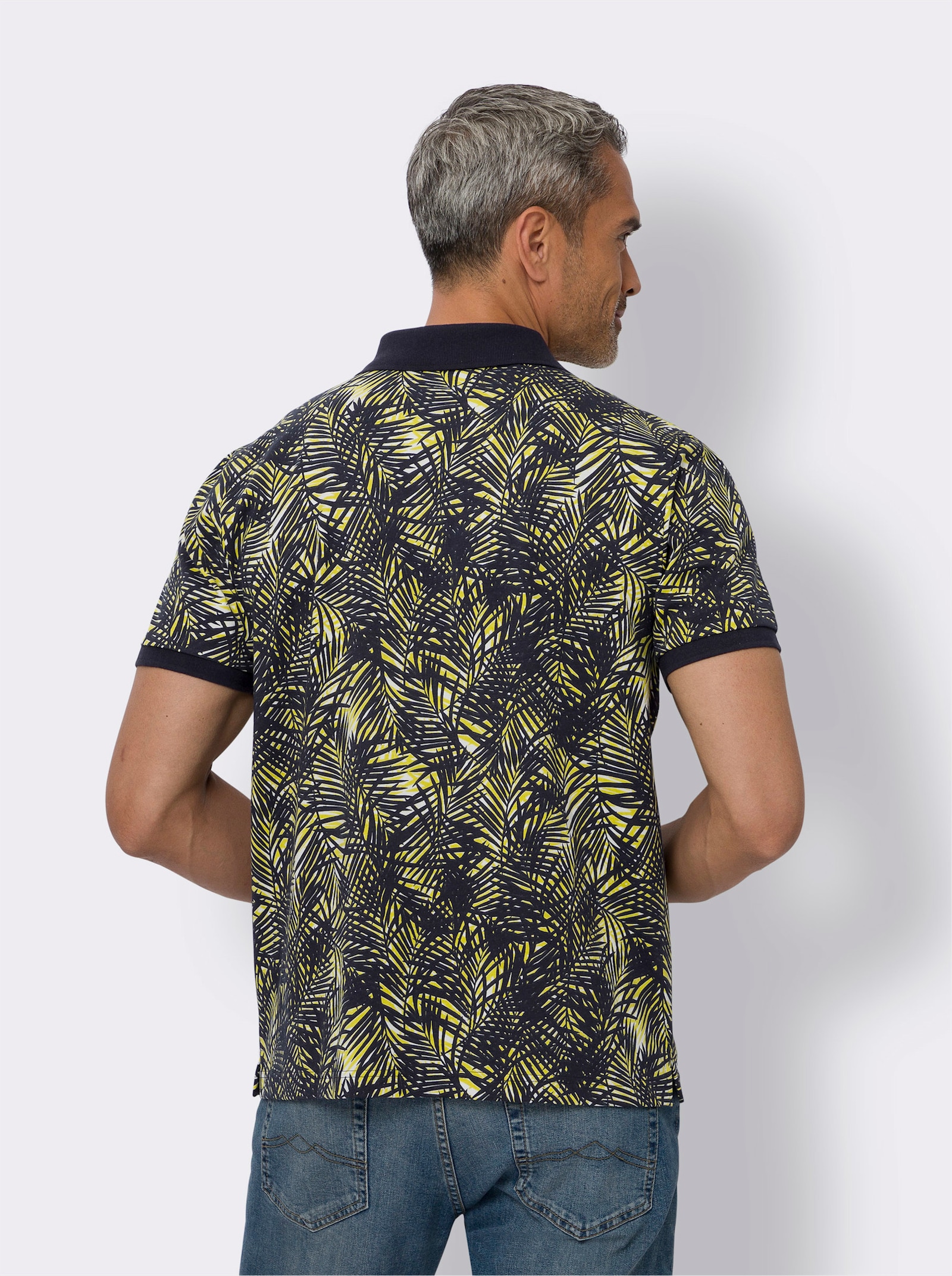 Pikétröja med palmtryck - marin, tryckt