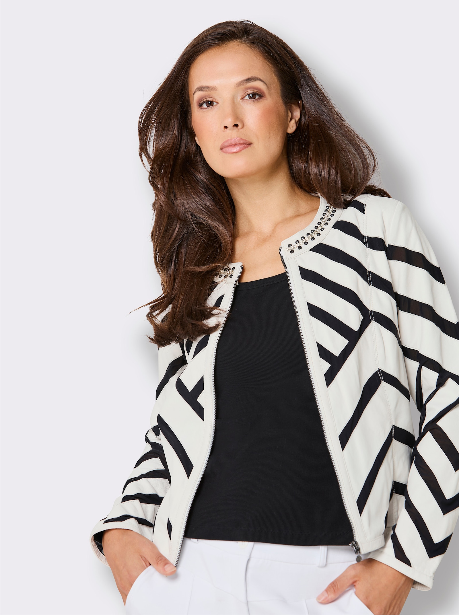 Mainpol Lederblazer mit Mesh-Einsätzen - ecru-schwarz