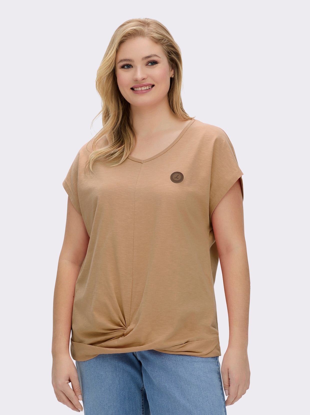 Kurzarmshirt Saum in Knoten-Optik - camel