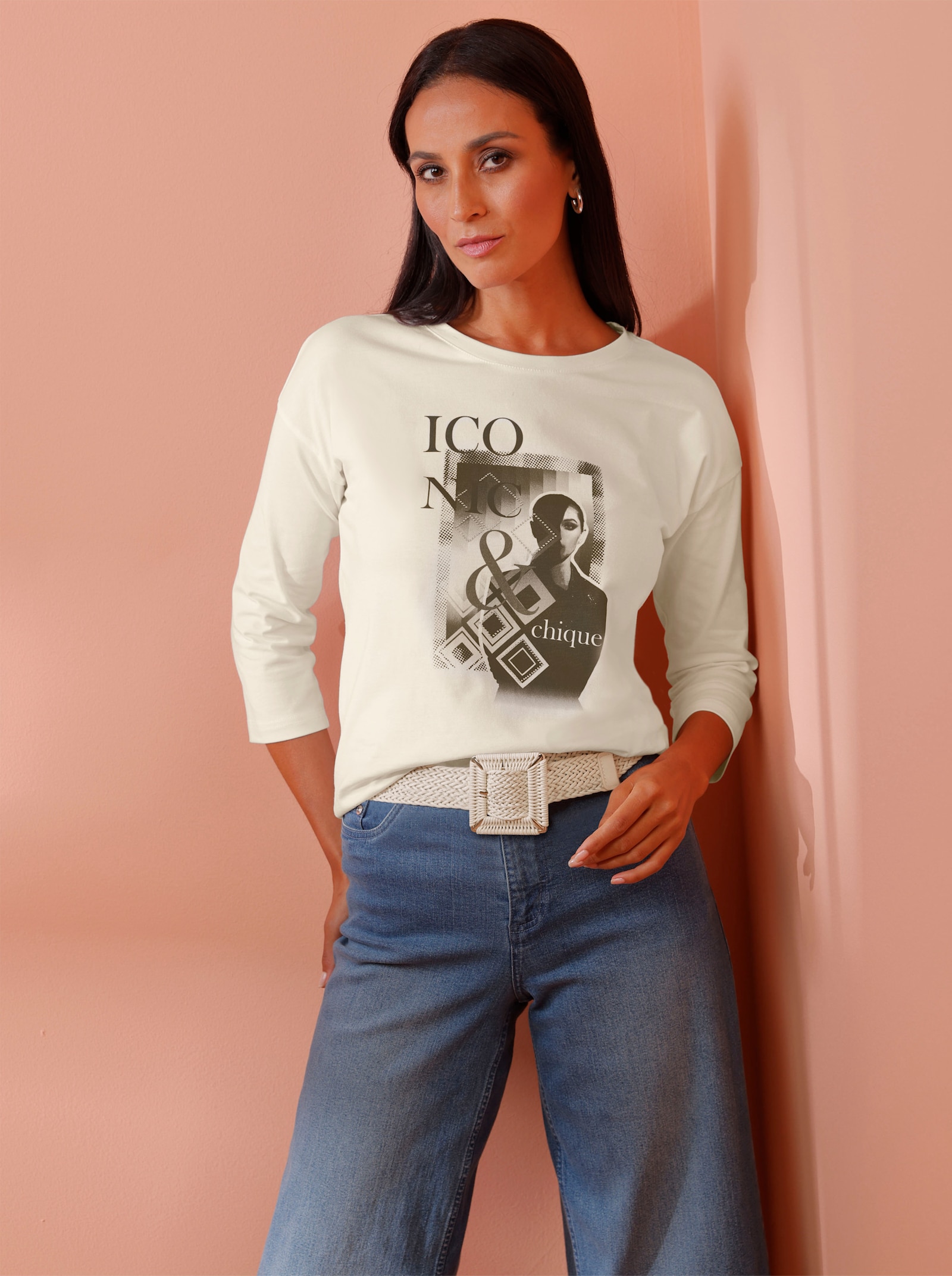 heine T-shirt à manches 3/4 avec inscription - écru