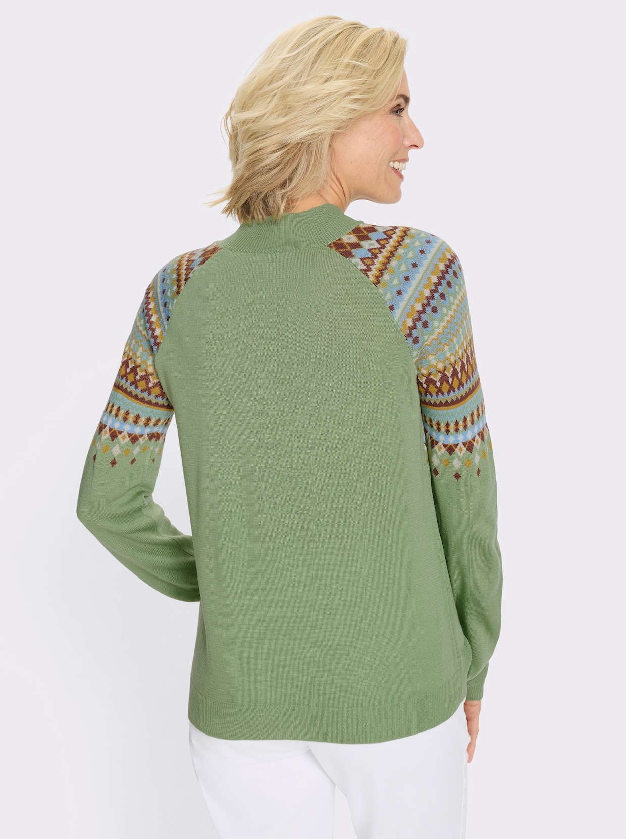 Norwegerpullover mit Raglan-Ärmeln - eucalyptus-ocker-gemustert