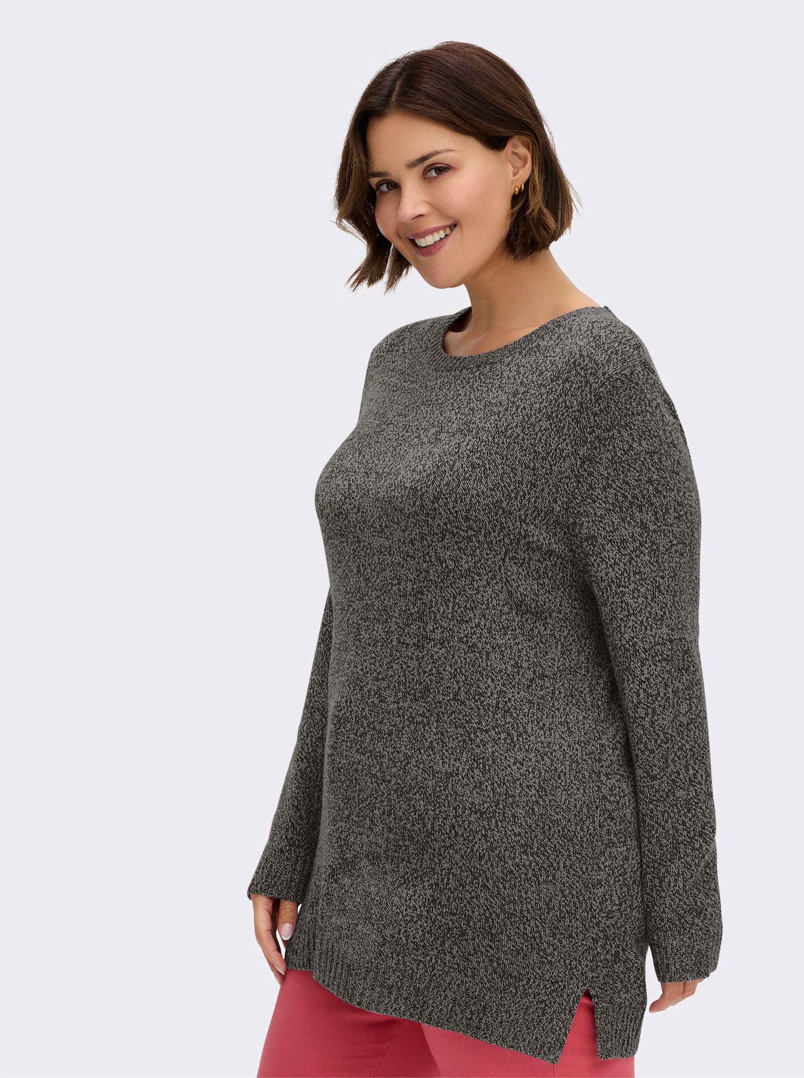 Longpullover aus Melange-Garn - steingrau-meliert