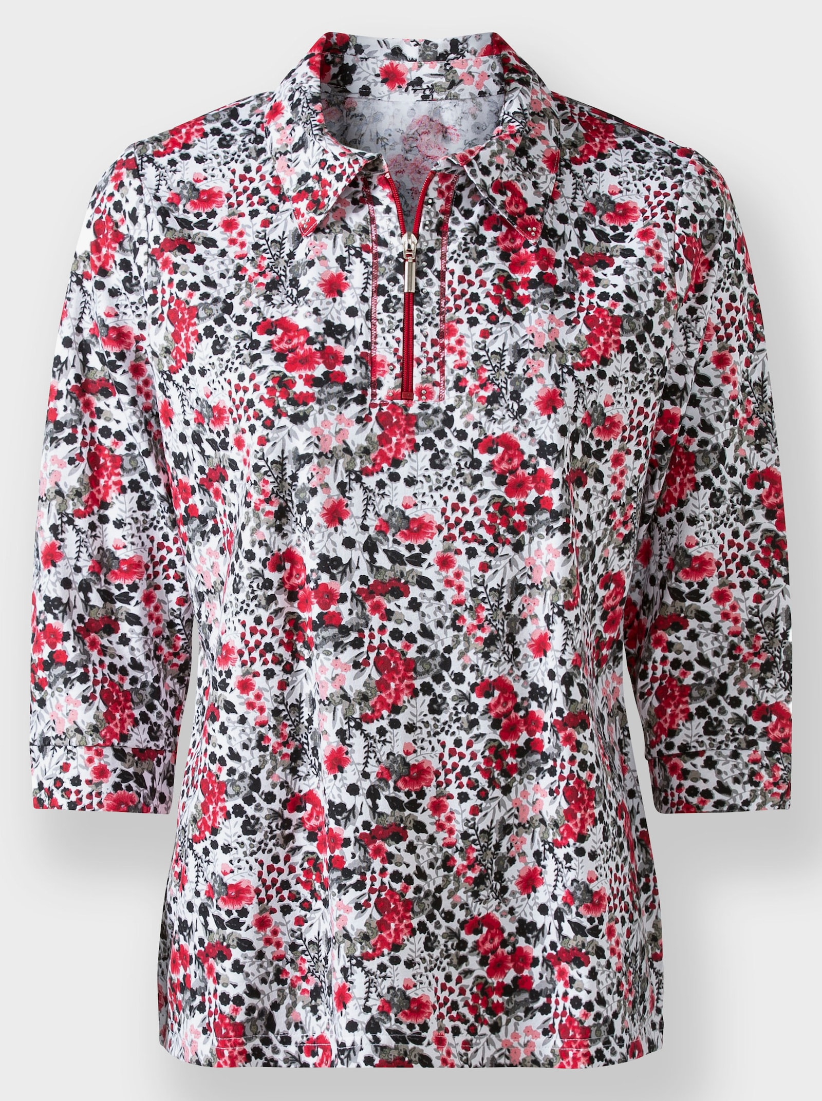 Poloshirt mit Glitzer-Details - rot-ecru-bedruckt