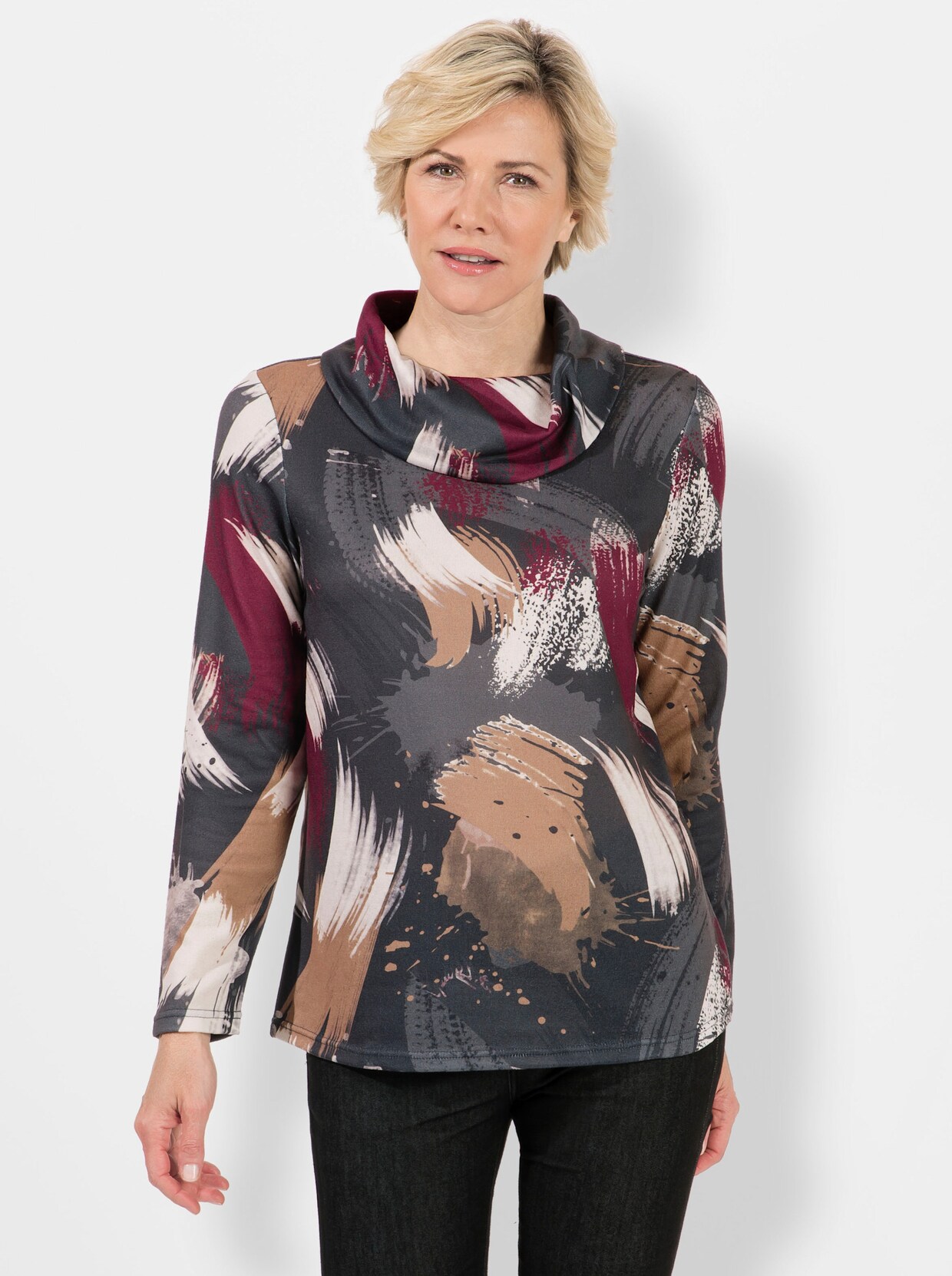 Shirt met rolkraag - bordeaux/camel bedrukt