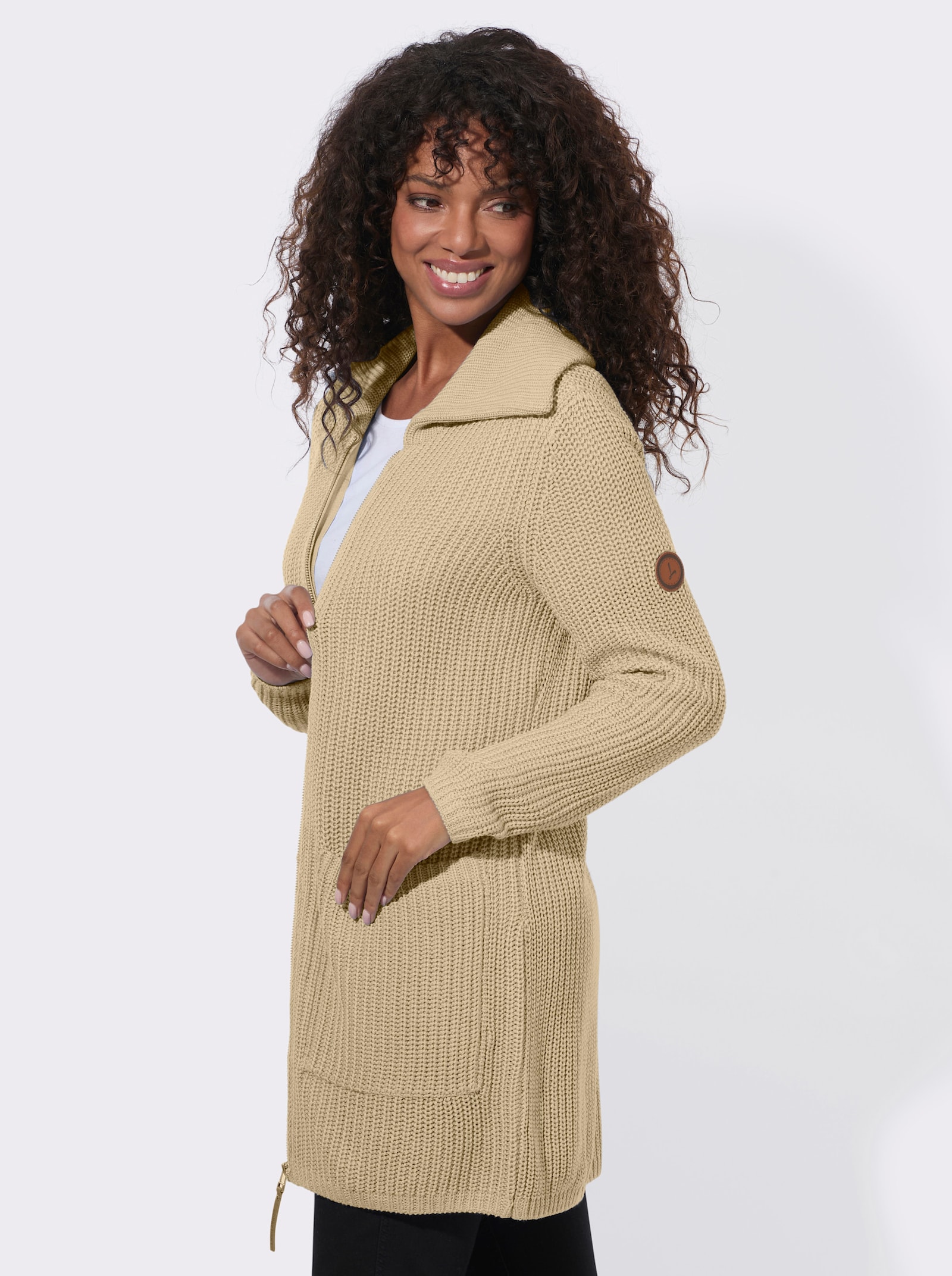 Longstrickjacke mit Umlegekragen - sand