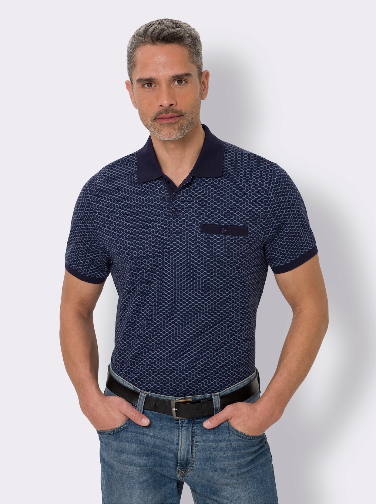 Kurzarm-Poloshirt - marine-mittelblau-bedruckt