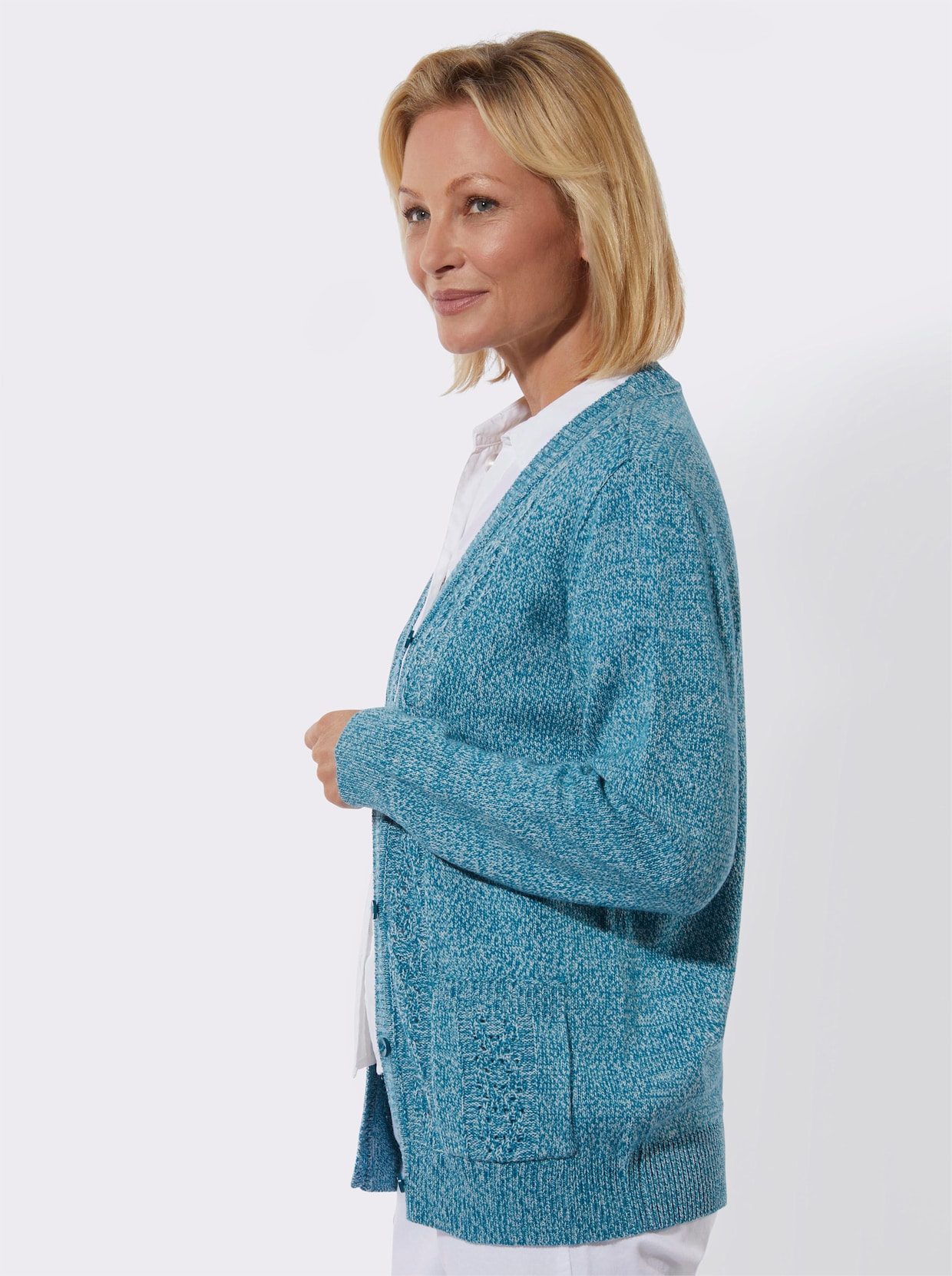 Strickjacke - aquapetrol-ecru-meliert