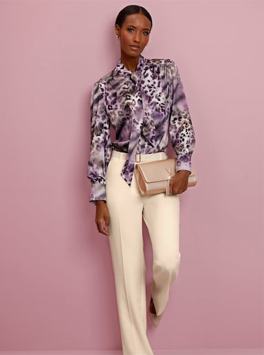 Schluppenbluse mit verdeckter Knopfleiste - champagner-schoko-bedruckt