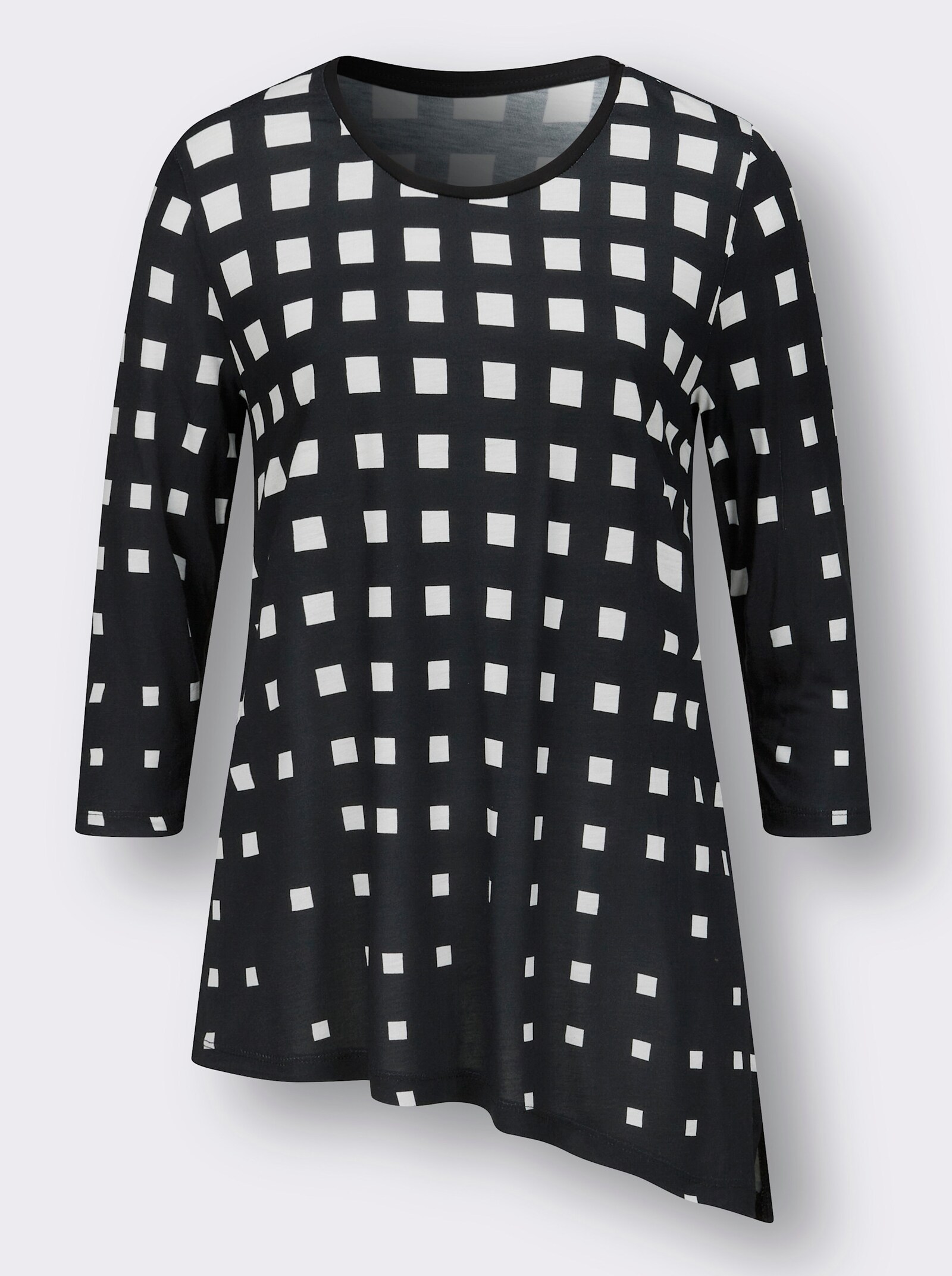 Dlouhé tričko s asymetrickým dolním lemem - černá-bílá-potisk