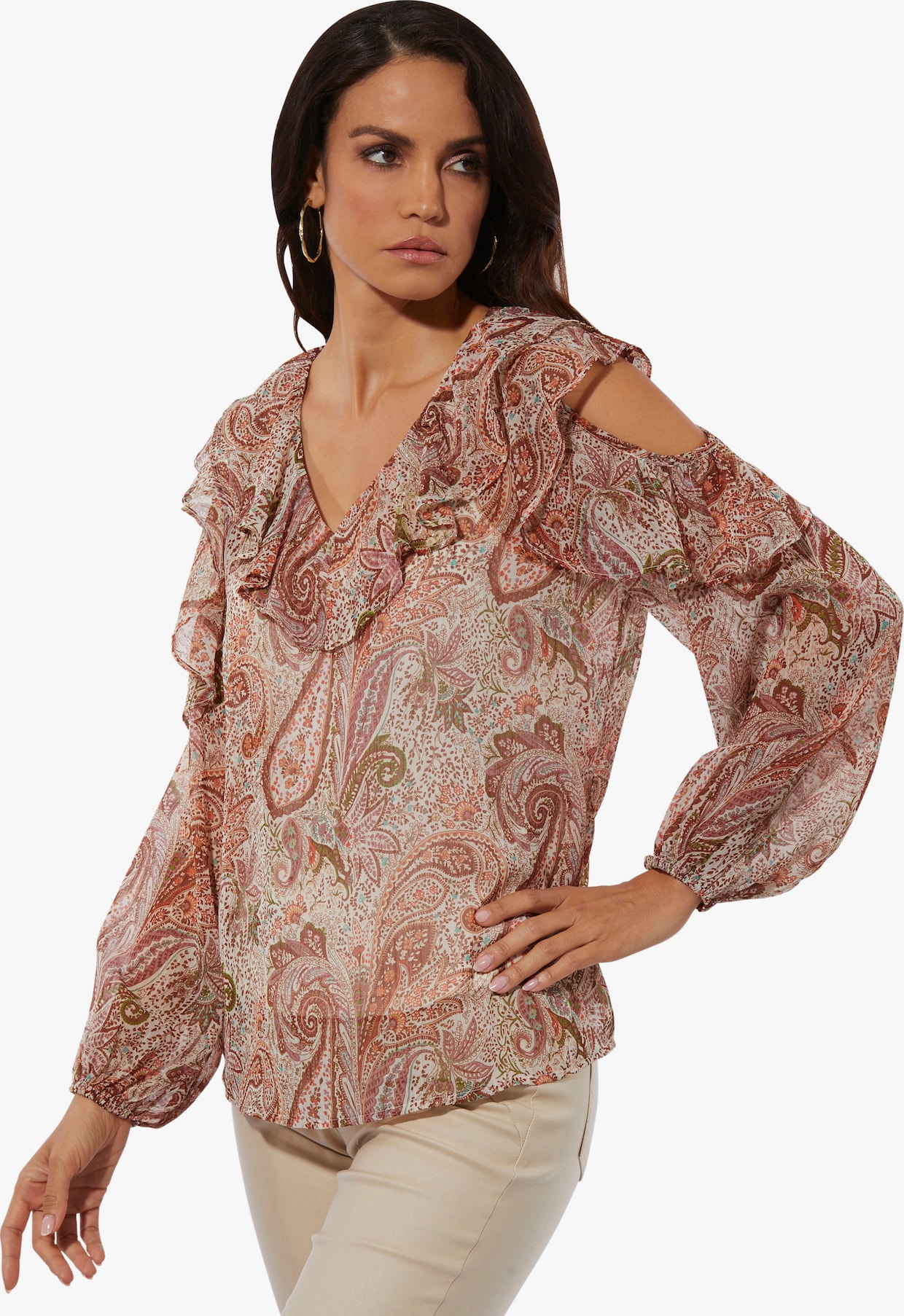 Chiffonbluse - ecru-papaya-bedruckt