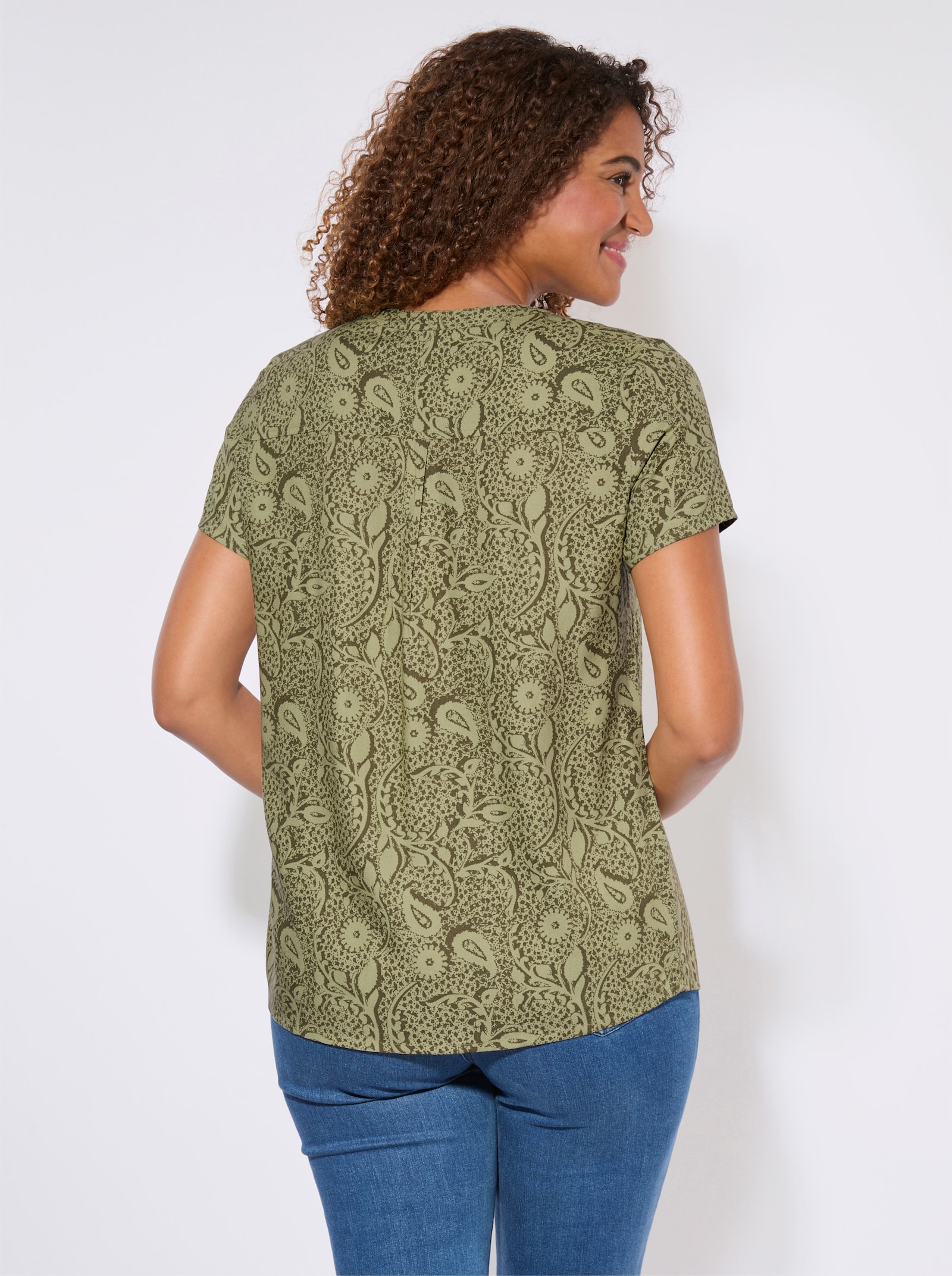 Schlupfbluse aus reiner Viskose - schilf-khaki-bedruckt
