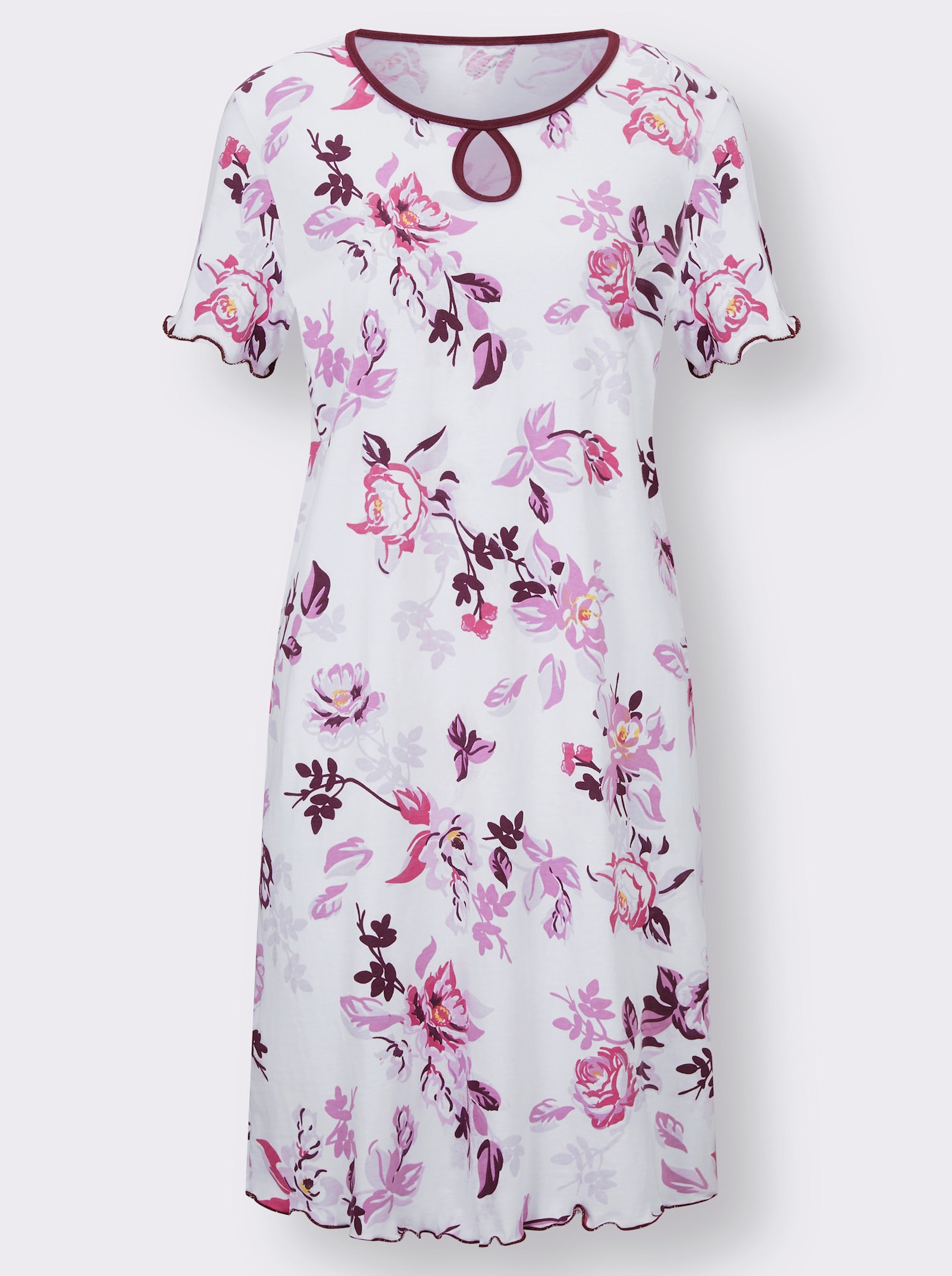 Nachthemd mit Tropfen-Ausschnitt, geblümt - weiss-bedruckt
