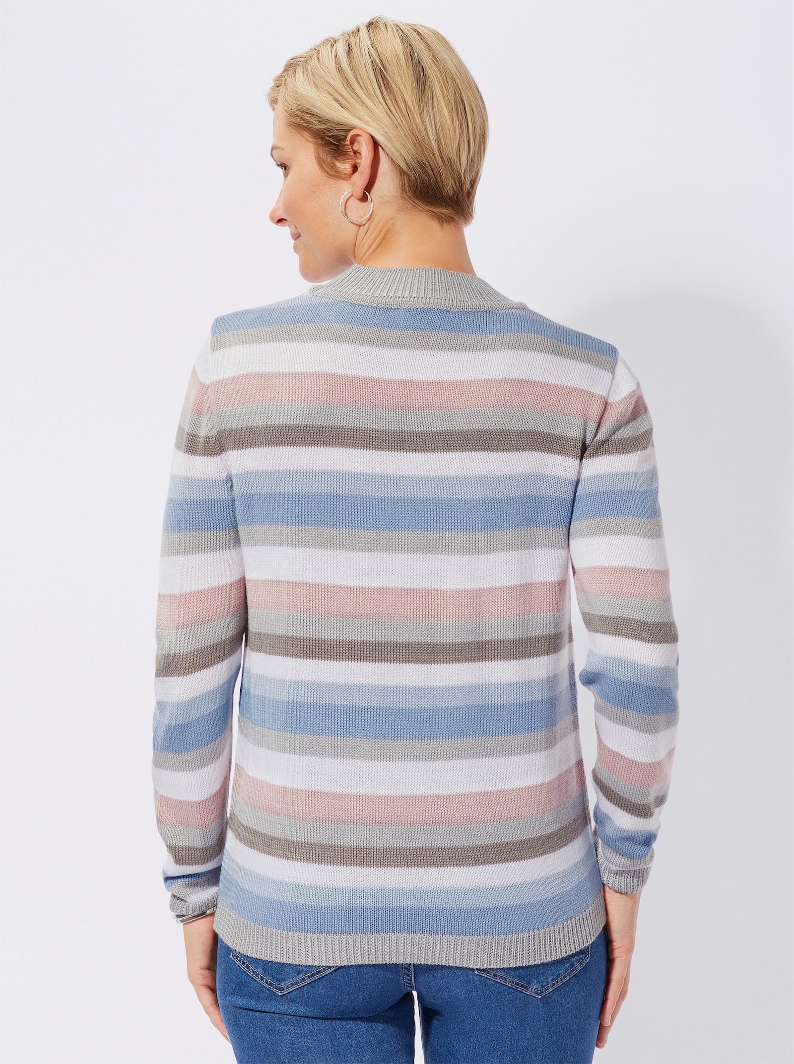 Stehkragenpullover mit geripptem Saum, Ringel-Druck - rosé-bleu-geringelt