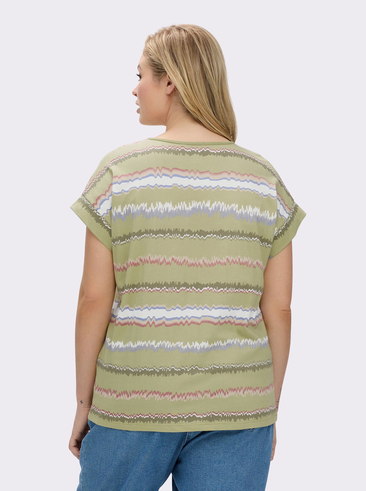 Print-Shirt mit Ziernähten, geringelt - lindgrün-ecru-bedruckt