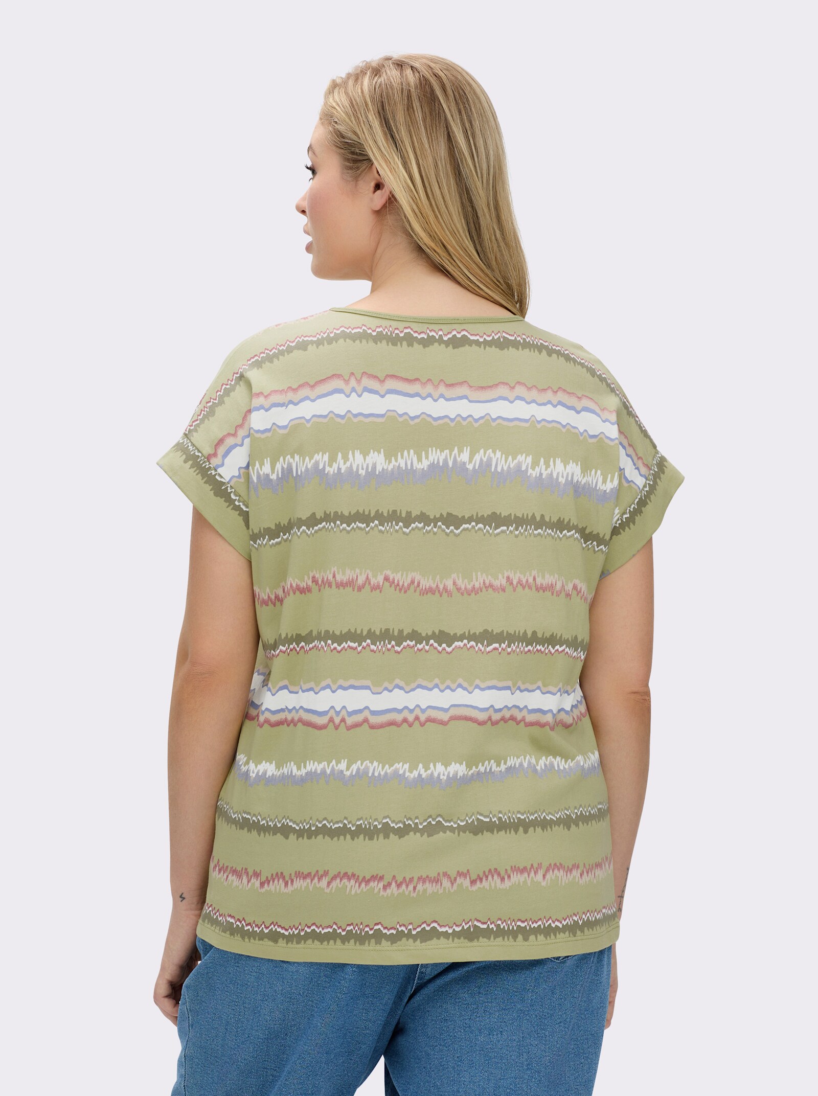 Print-Shirt mit Ziernähten, geringelt - lindgrün-ecru-bedruckt